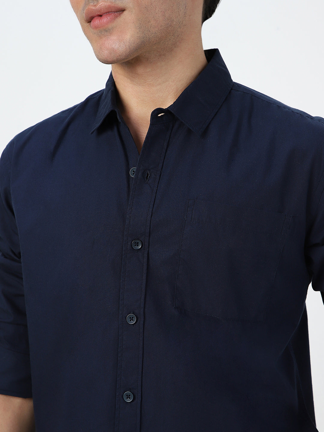 Men's Navy Cotton Full Sleeve Regular Fit Casual Solid Shirt