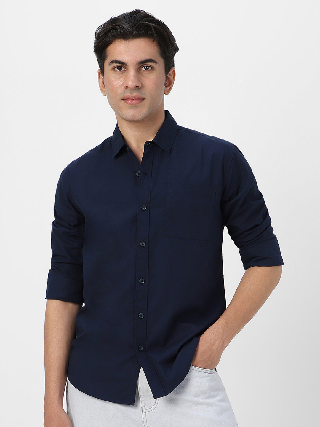 Men's Navy Cotton Full Sleeve Regular Fit Casual Solid Shirt