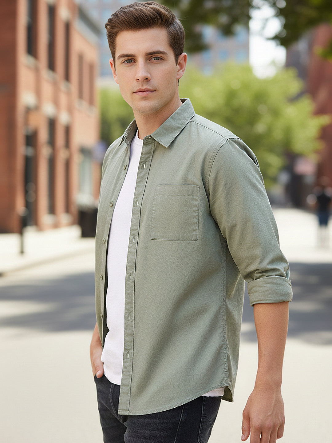 Men's Olive Cotton Full Sleeve Regular Fit Casual Solid Shirt