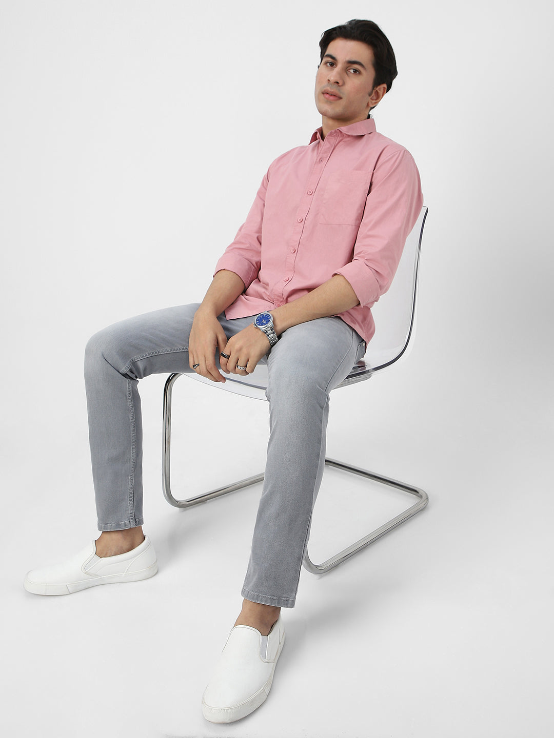 Men's Pink Cotton Full Sleeve Regular Fit Casual Solid Shirt