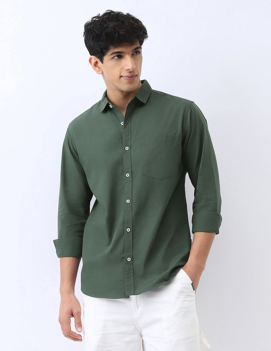 Men's Sage Green Cotton Full Sleeve Regular Fit Casual Solid Shirt