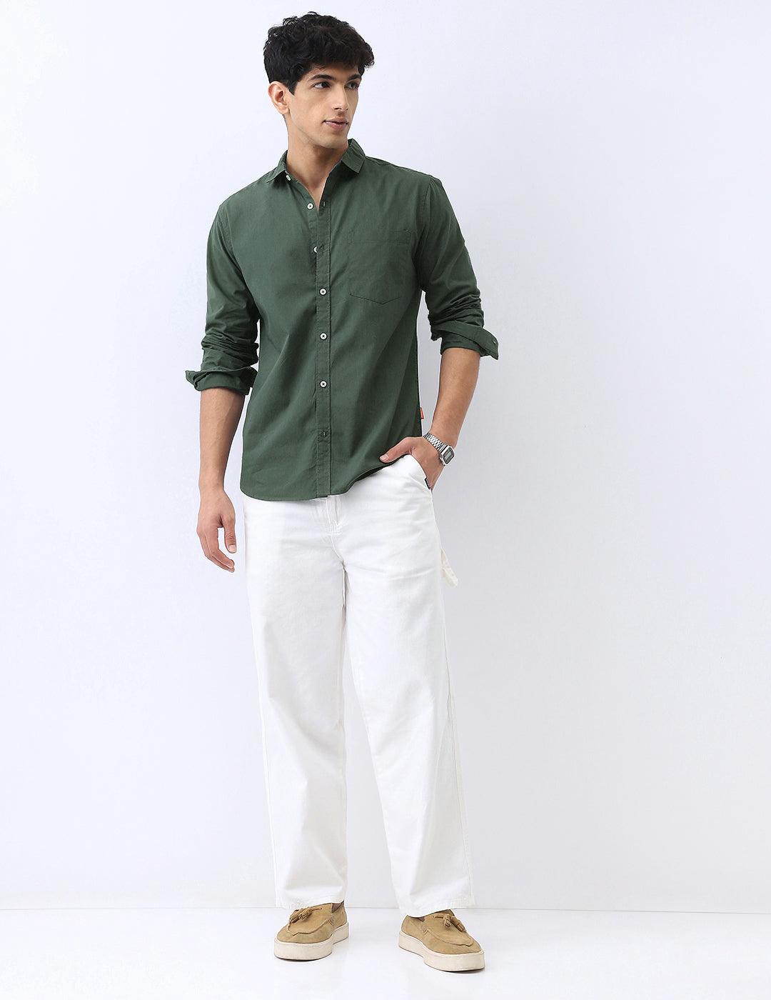 Men's Sage Green Cotton Full Sleeve Regular Fit Casual Solid Shirt