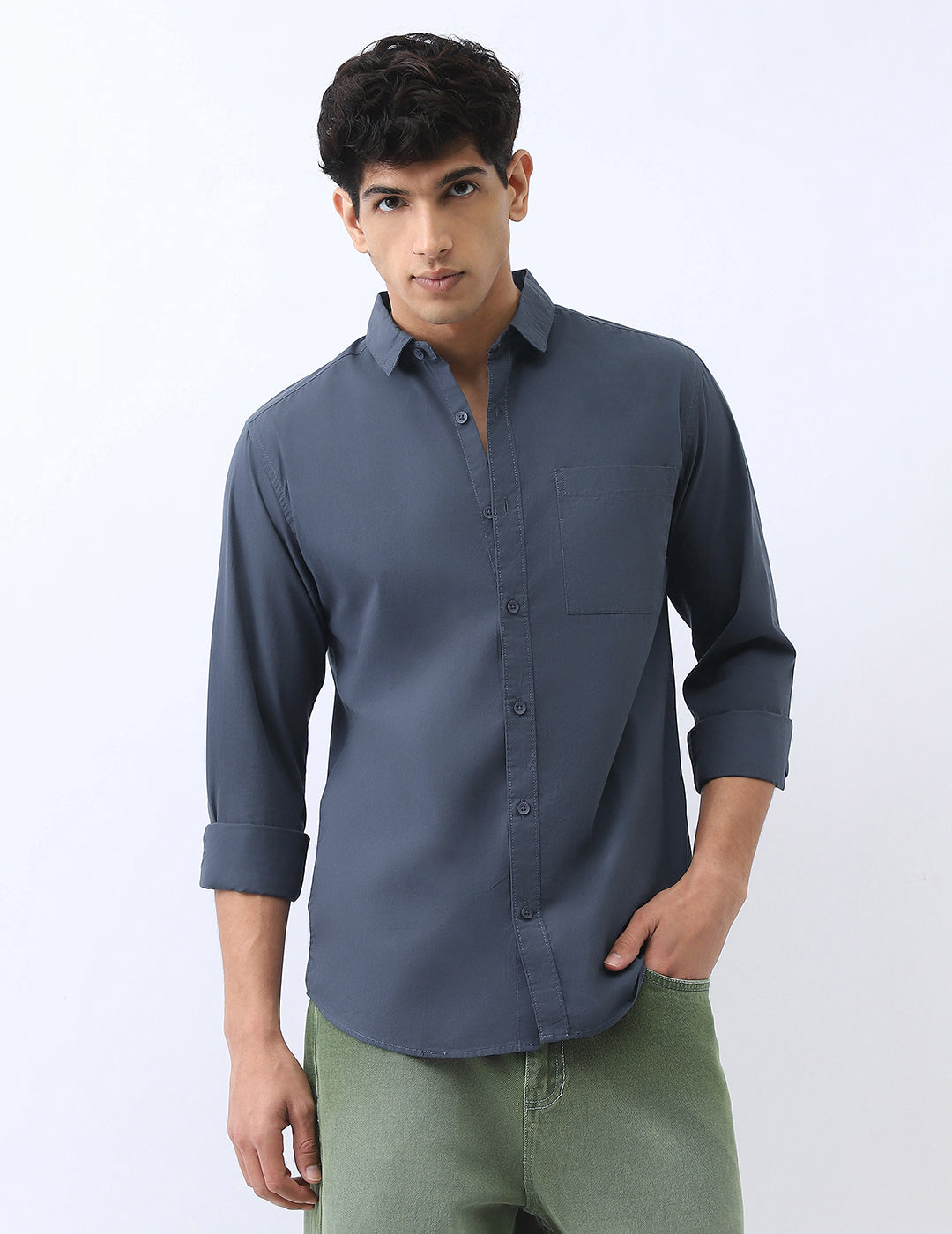 Men's Slate Blue Cotton Full Sleeve Regular Fit Casual Solid Shirt