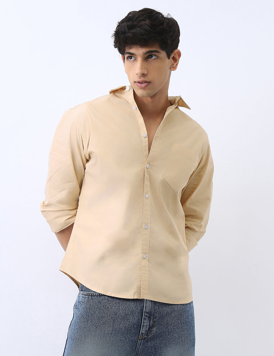 Men's Beige Cotton Full Sleeve Regular Fit Casual Solid Shirt
