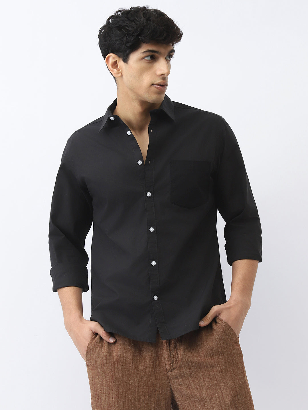 Men's Black Cotton Full Sleeve Regular Fit Casual Solid Shirt