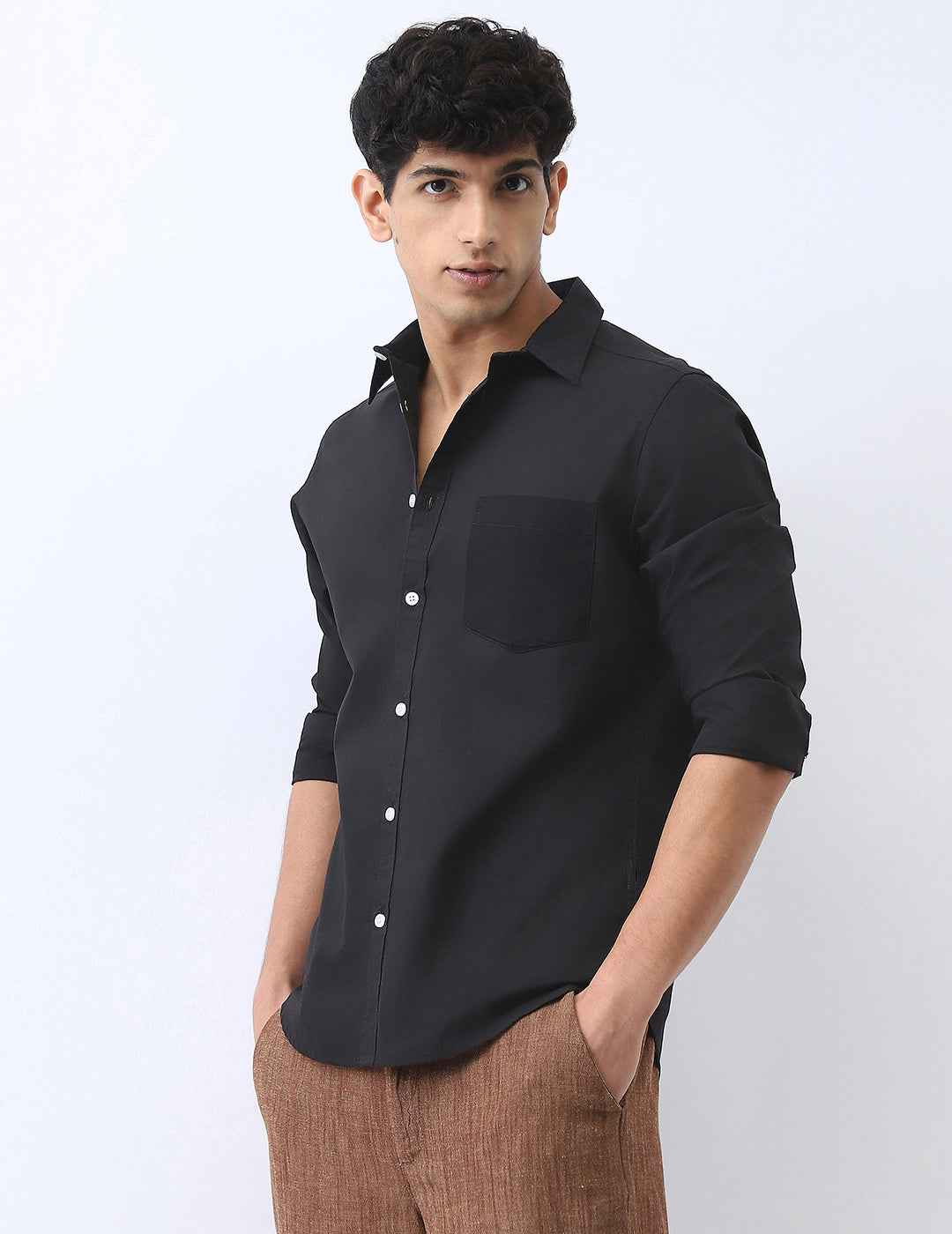 Men's Black Cotton Full Sleeve Regular Fit Casual Solid Shirt