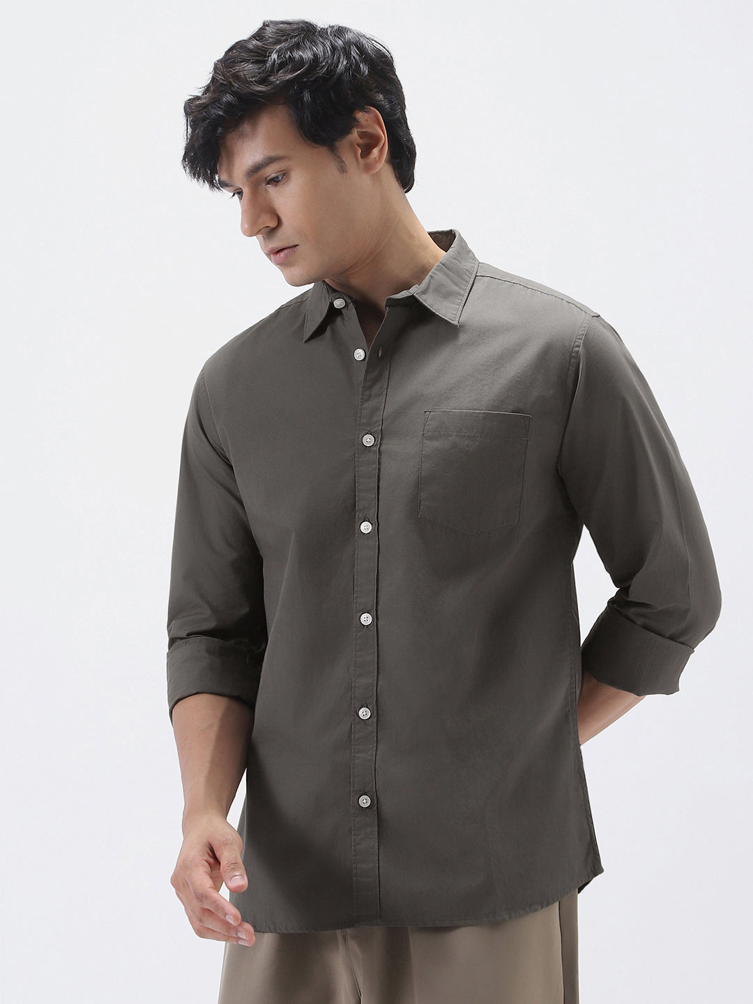 Men's Dark Grey Cotton Full Sleeve Regular Fit Casual Solid Shirt