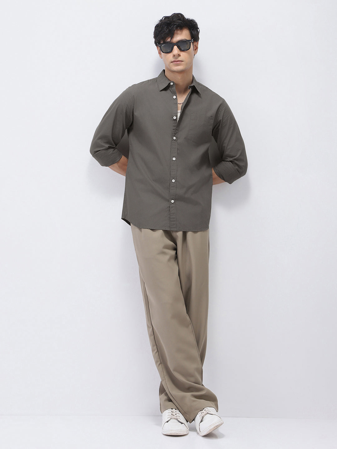 Men's Dark Grey Cotton Full Sleeve Regular Fit Casual Solid Shirt