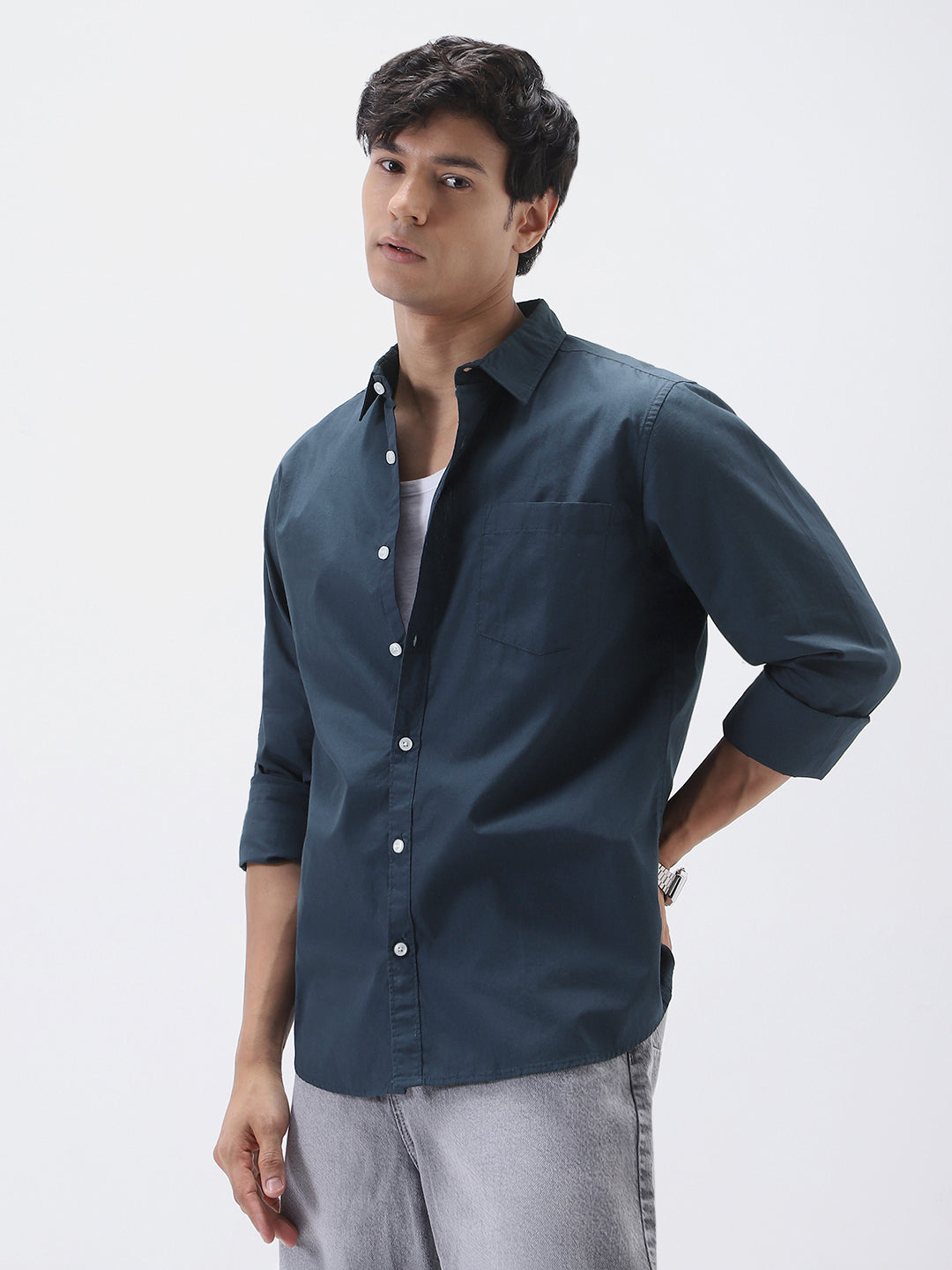 Men's Navy Cotton Full Sleeve Regular Fit Casual Solid Shirt
