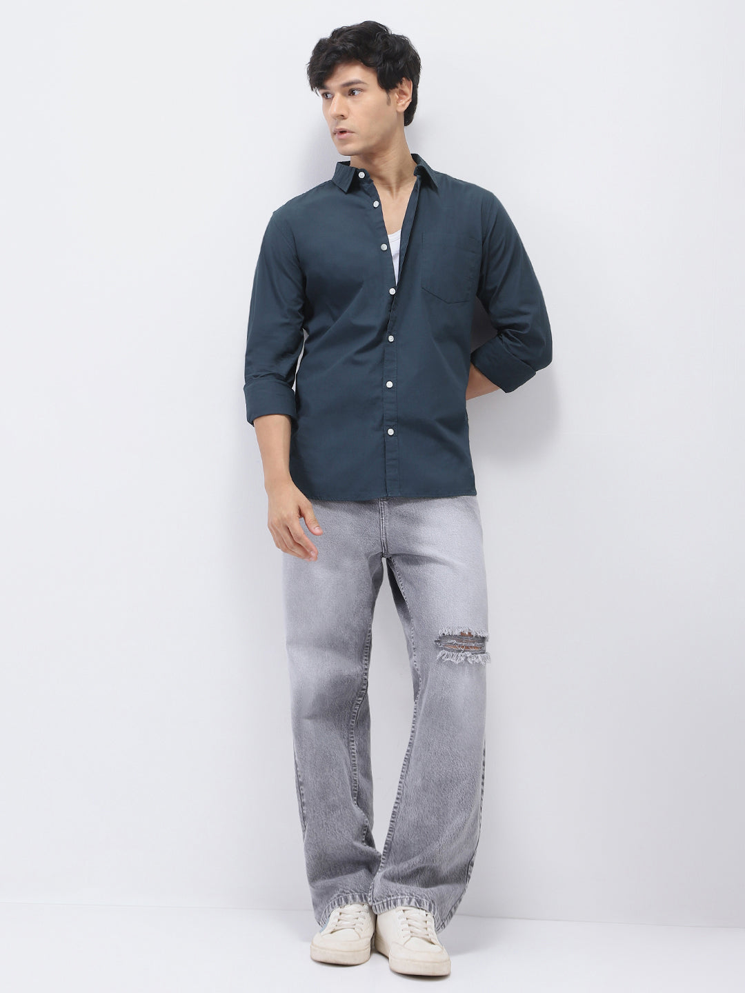 Men's Navy Cotton Full Sleeve Regular Fit Casual Solid Shirt
