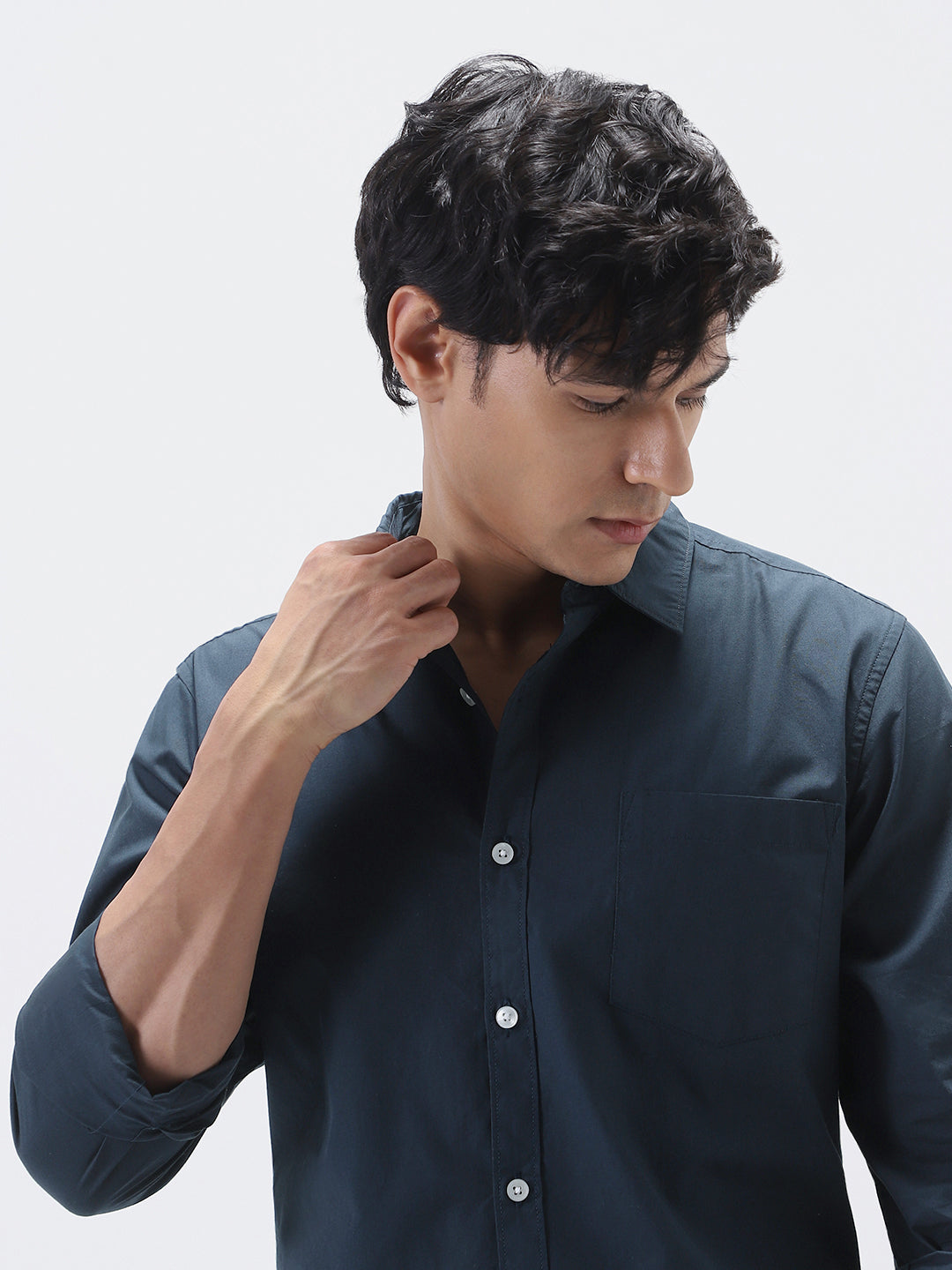 Men's Navy Cotton Full Sleeve Regular Fit Casual Solid Shirt