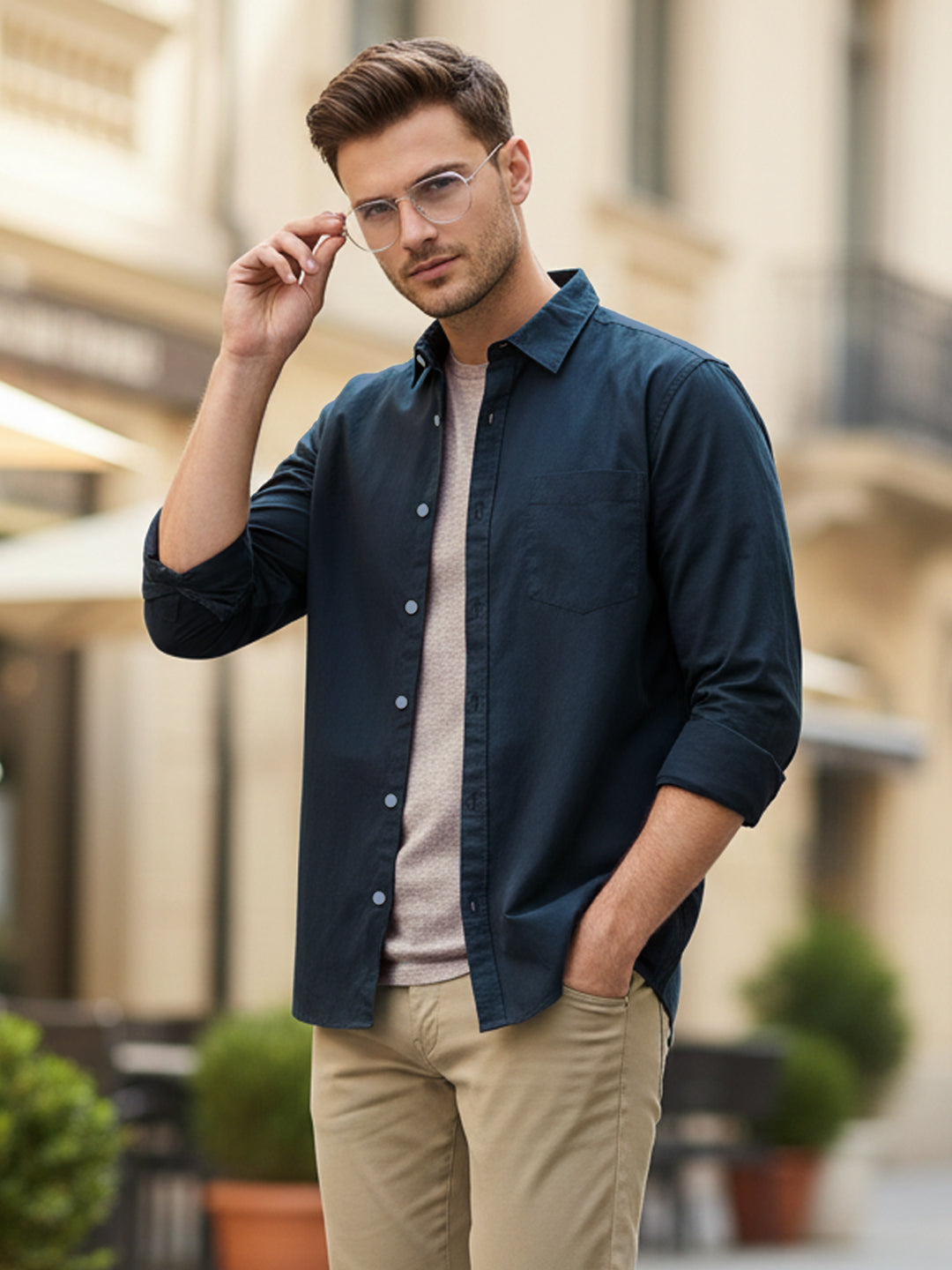 Men's Navy Cotton Full Sleeve Regular Fit Casual Solid Shirt