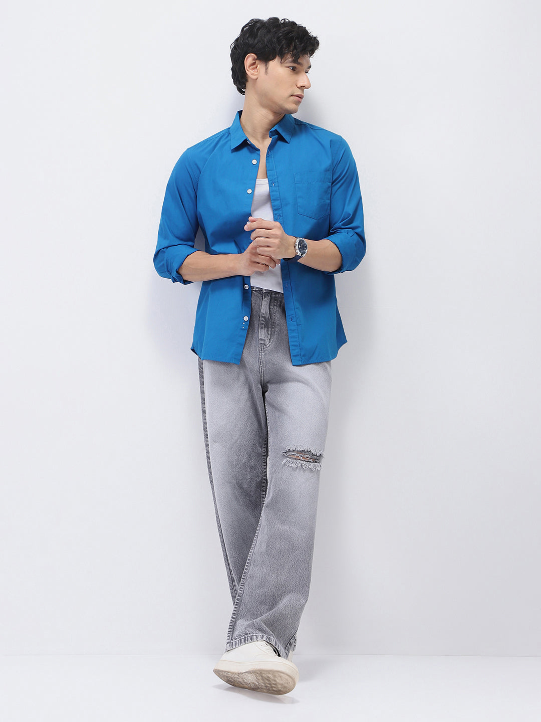 Men's Royal Blue Cotton Full Sleeve Regular Fit Casual Solid Shirt