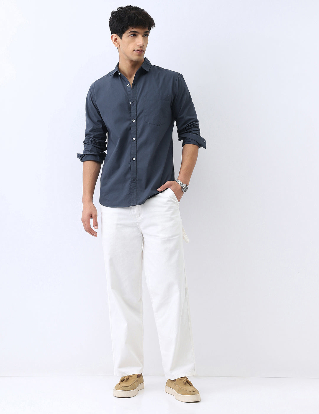 Men's Slate Blue Cotton Full Sleeve Regular Fit Casual Solid Shirt