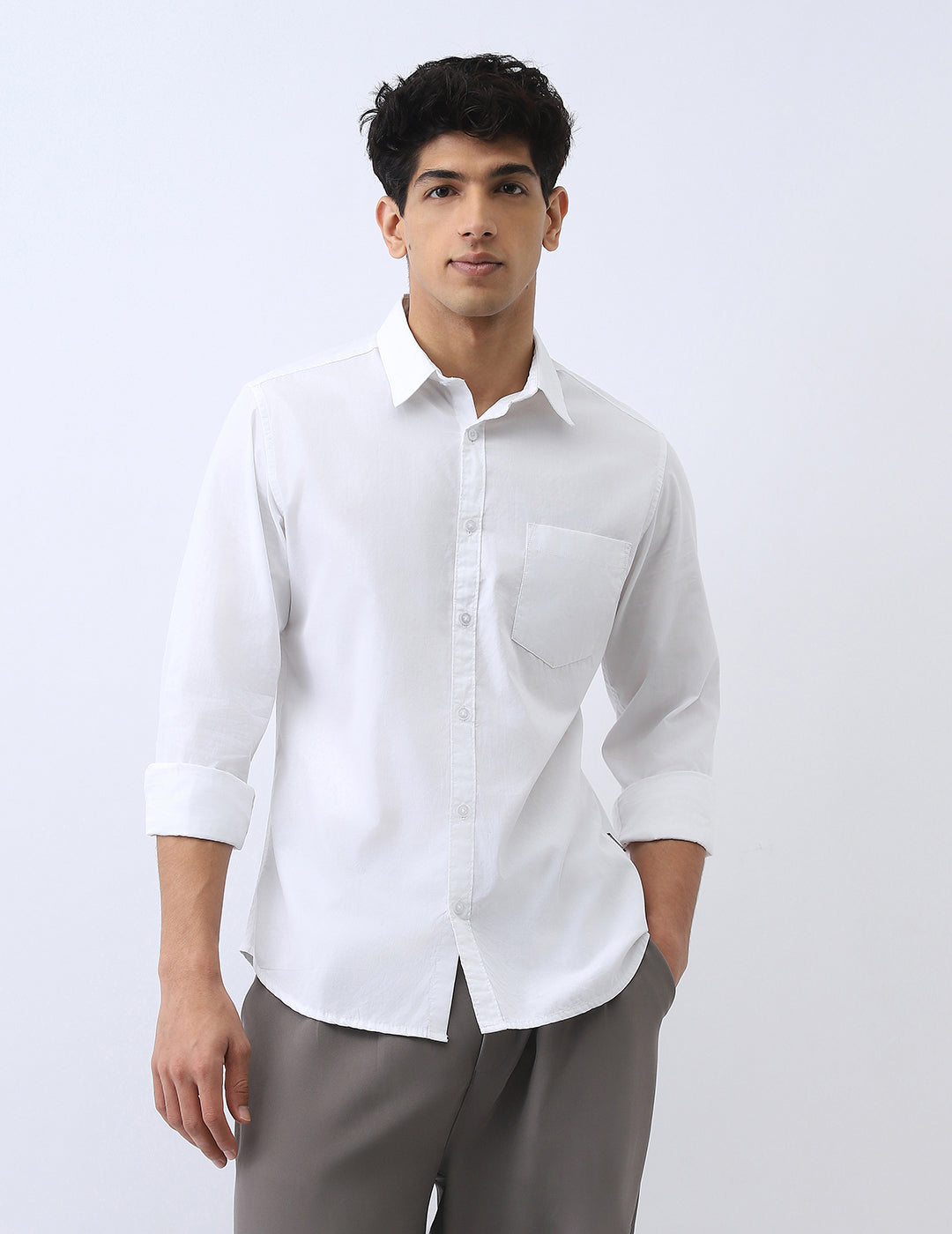 Men's White Cotton Full Sleeve Regular Fit Casual Solid Shirt