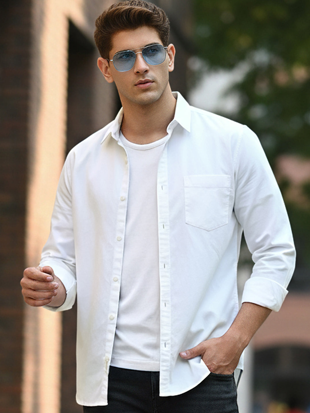 Men's White Cotton Full Sleeve Regular Fit Casual Solid Shirt