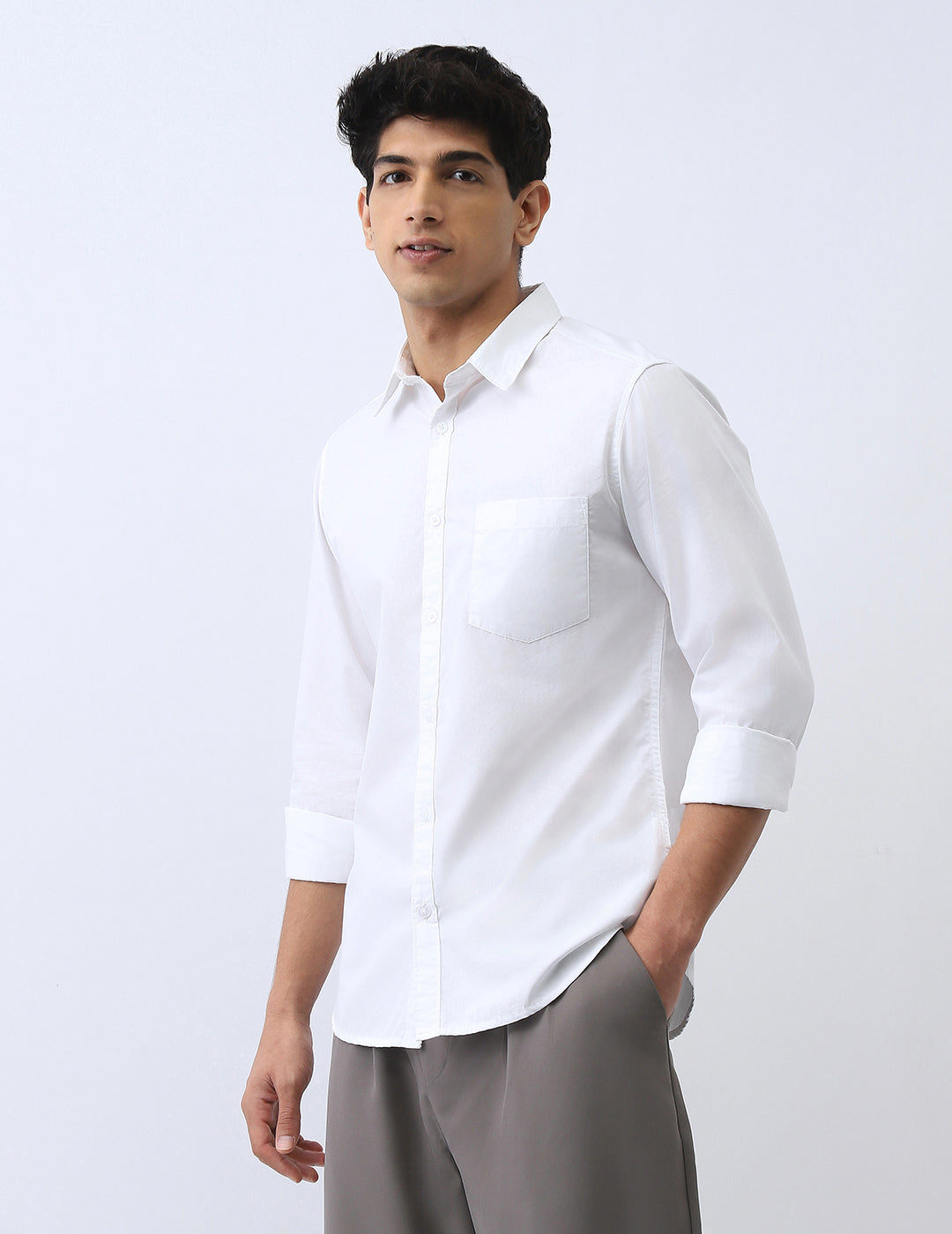 Men's White Cotton Full Sleeve Regular Fit Casual Solid Shirt