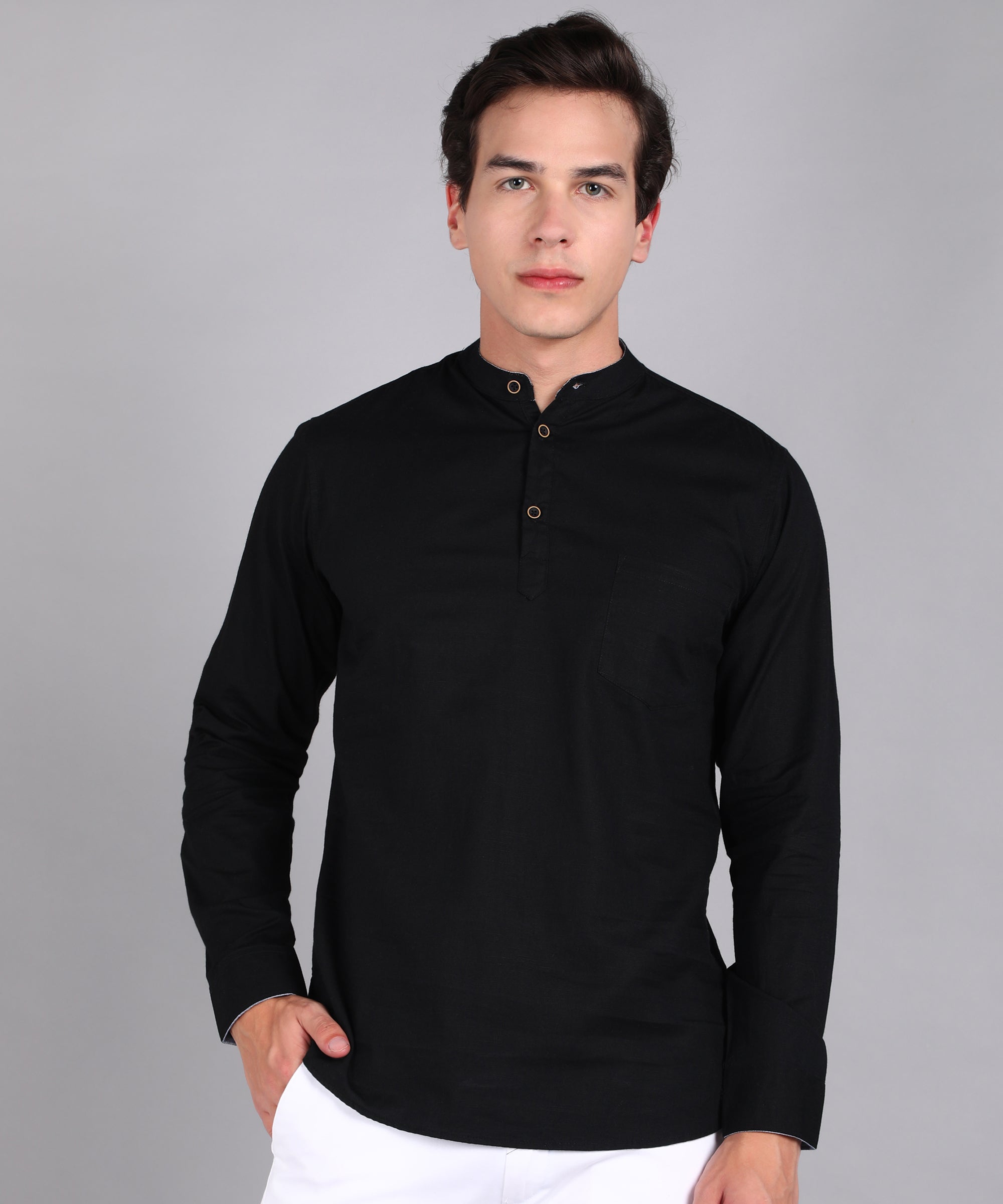 Men's Black Cotton Full Sleeve Slim Fit Solid Shirt with Mandarin Collar