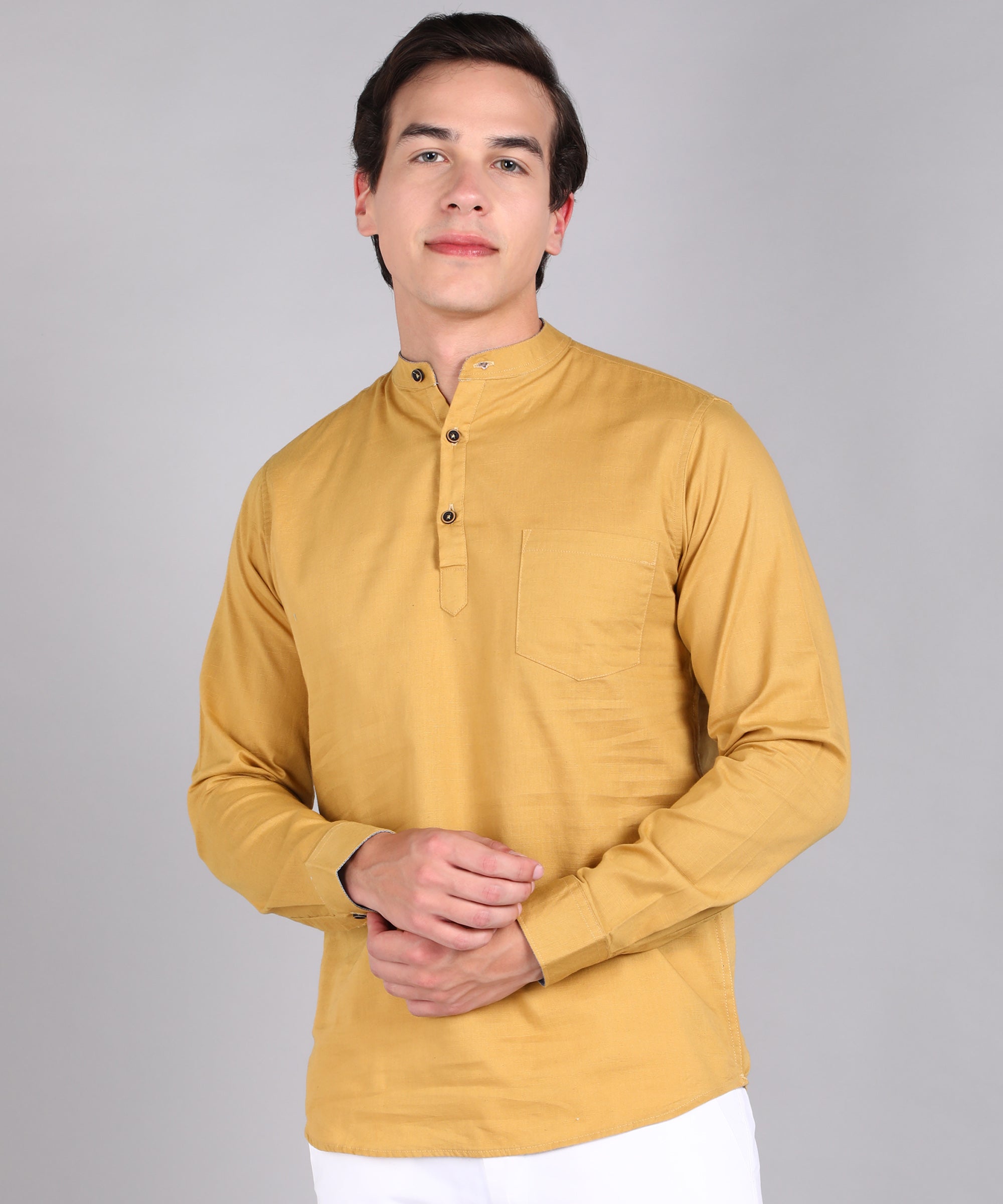 Men's Beige Cotton Full Sleeve Slim Fit Solid Shirt with Mandarin Collar