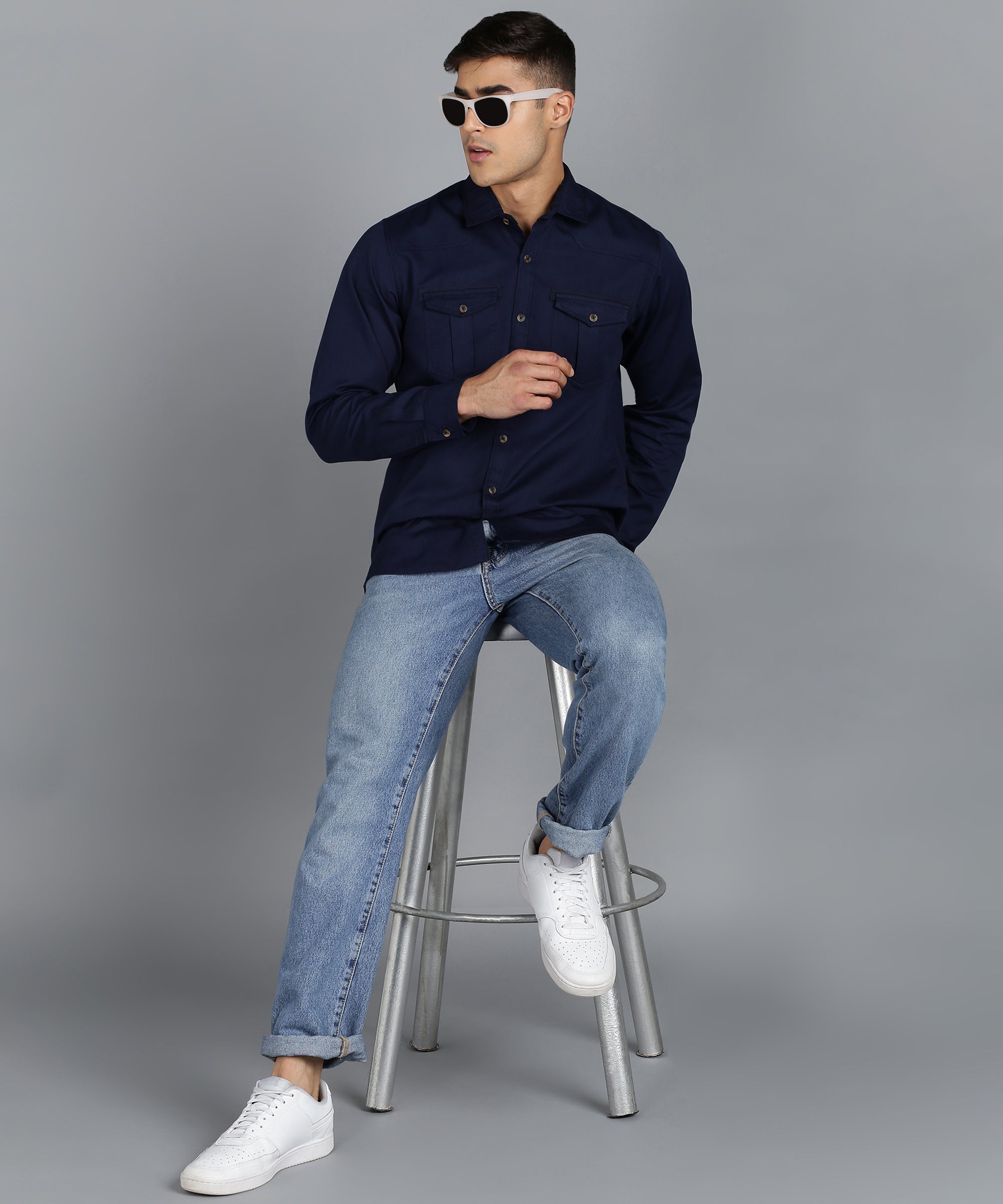 Urbano Fashion Men's Navy Blue Cotton Full Sleeve Slim Fit Casual Solid Shirt