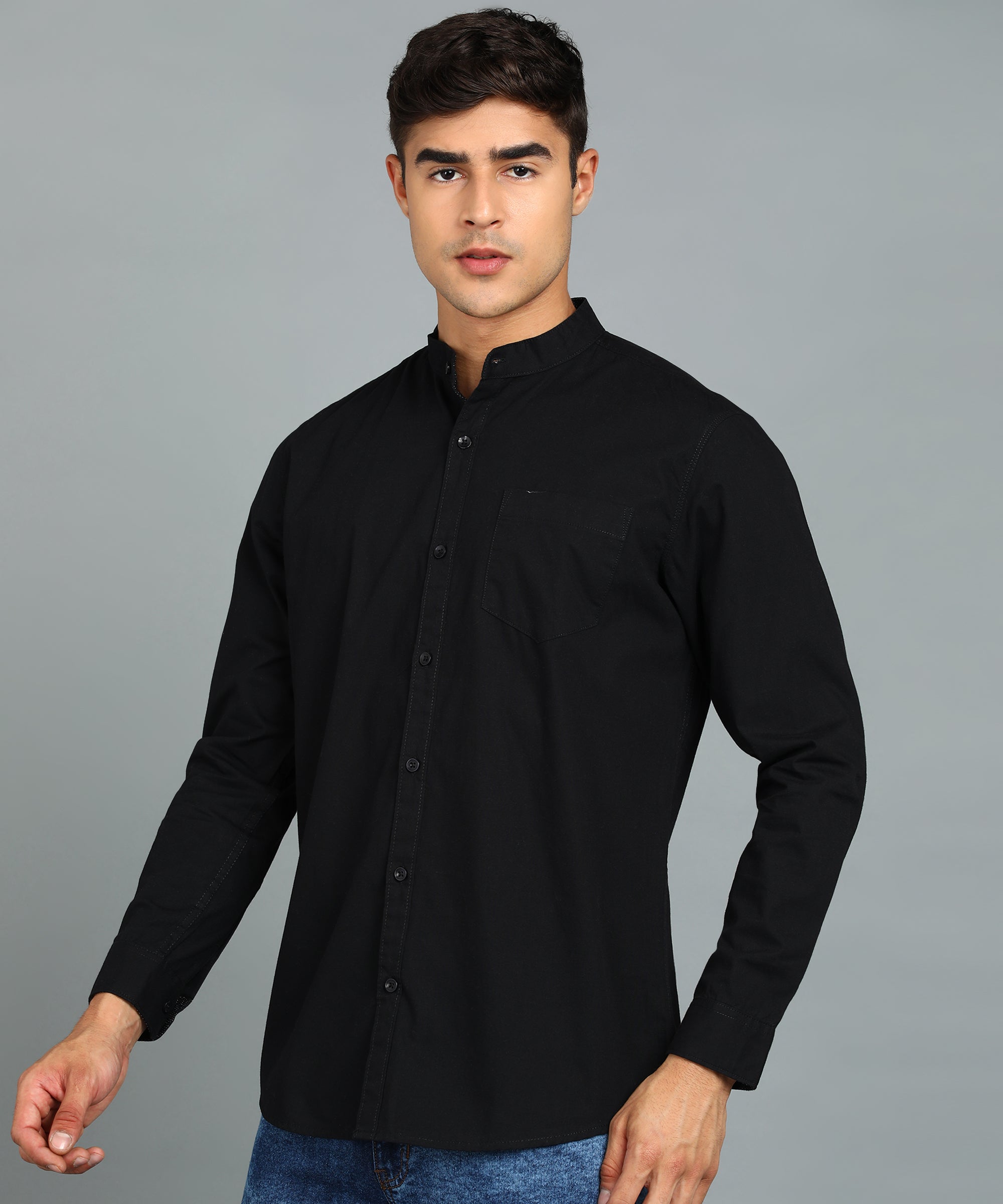 Men's Black Blue Cotton Full Sleeve Slim Fit Solid Shirt with Mandarin Collar