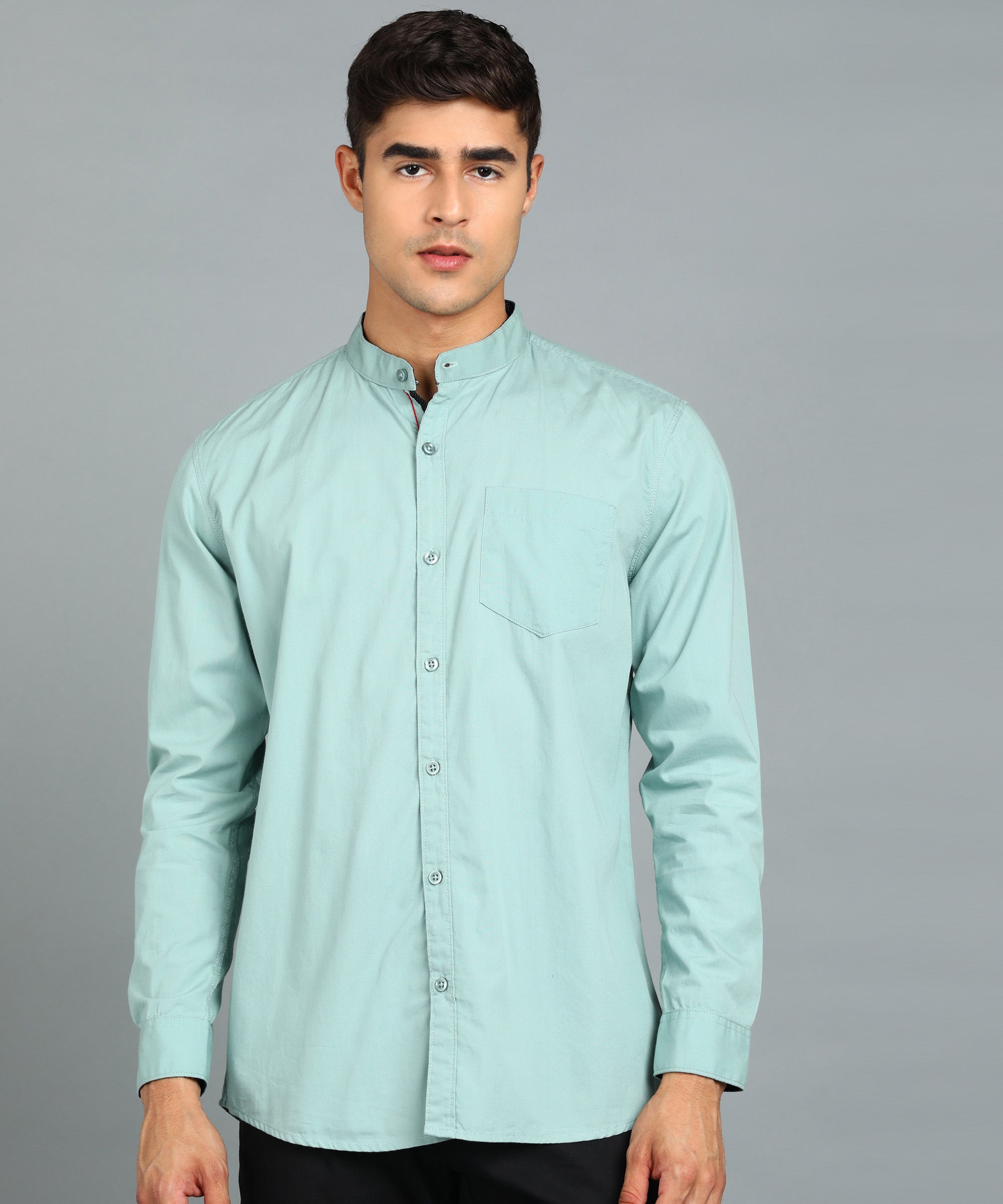 Men's Blue Cotton Full Sleeve Slim Fit Solid Shirt with Mandarin Collar