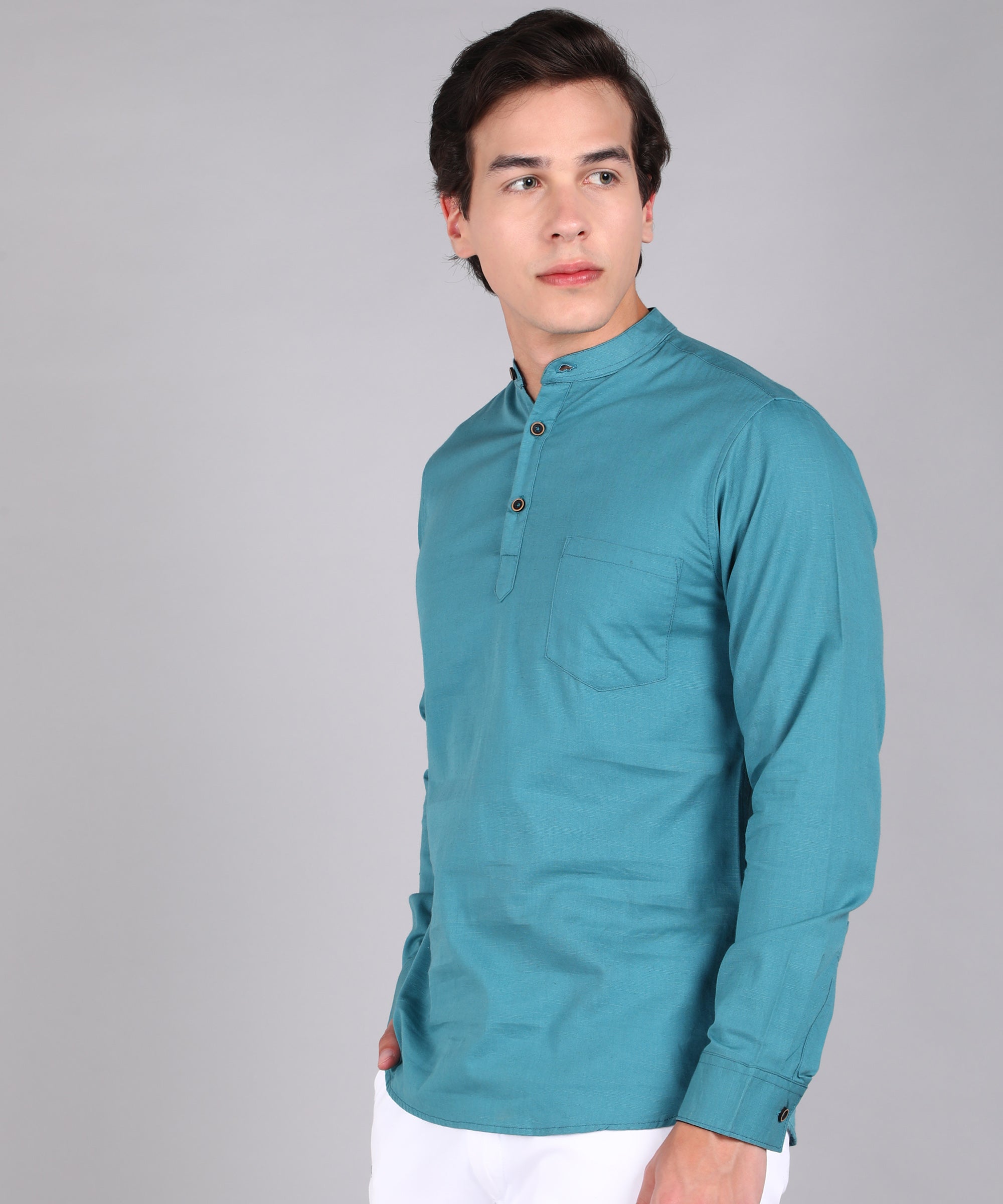 Urbano Fashion Men's Blue Cotton Full Sleeve Slim Fit Solid Shirt with Mandarin Collar