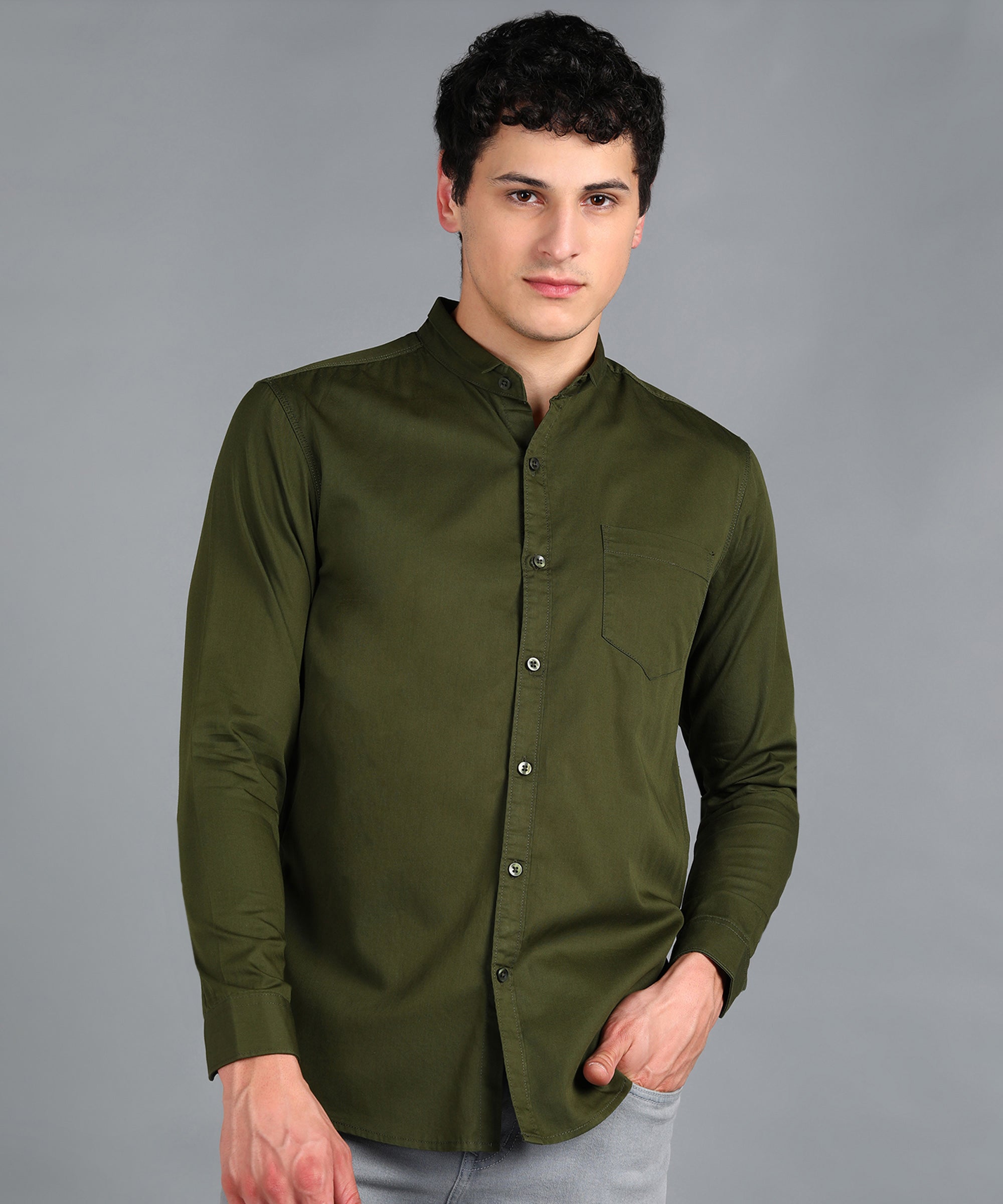 Men's Green Cotton Full Sleeve Slim Fit Solid Shirt with Mandarin Collar