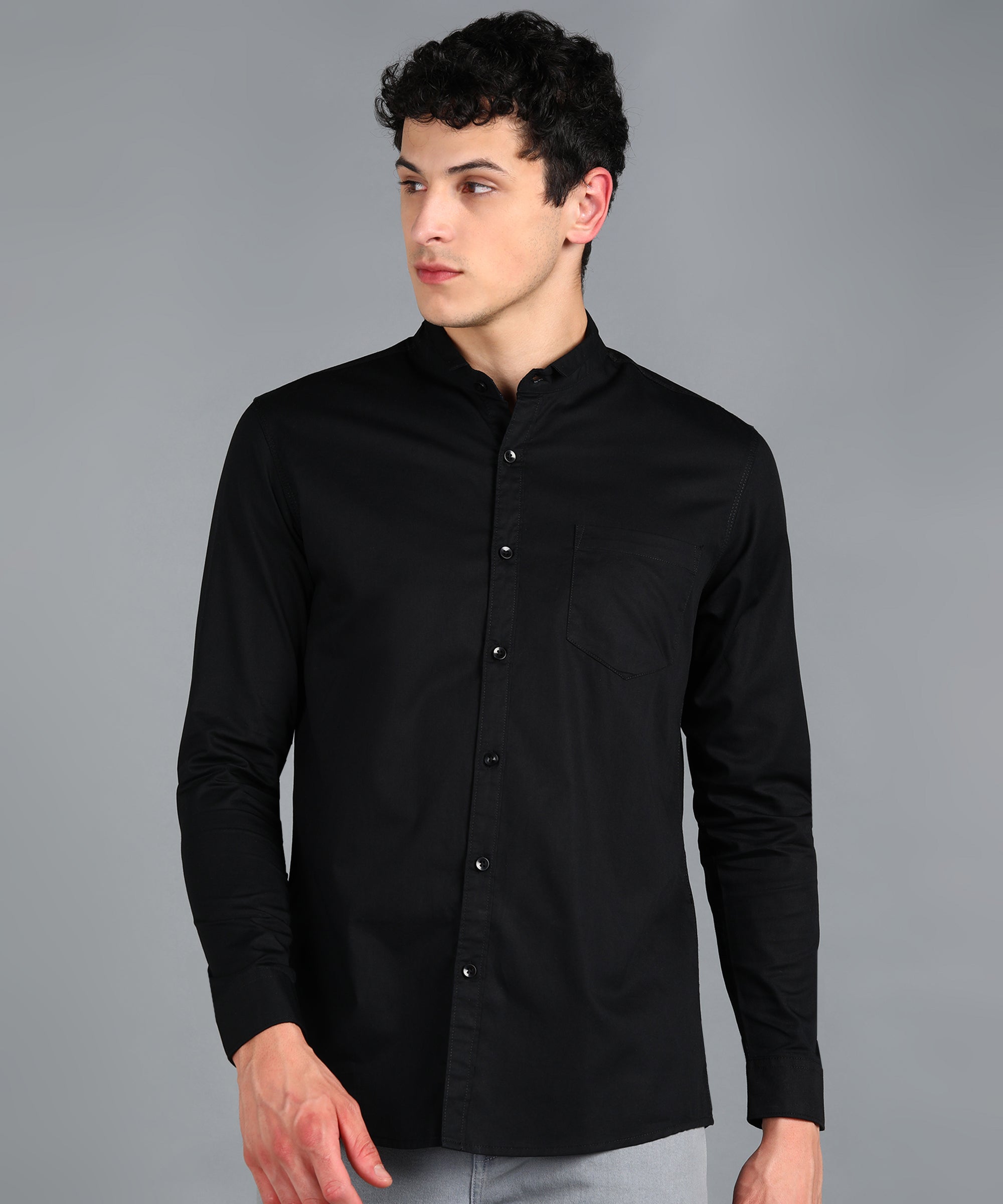 Urbano Fashion Men's Black Cotton Full Sleeve Slim Fit Solid Shirtwith Mandarin Collar