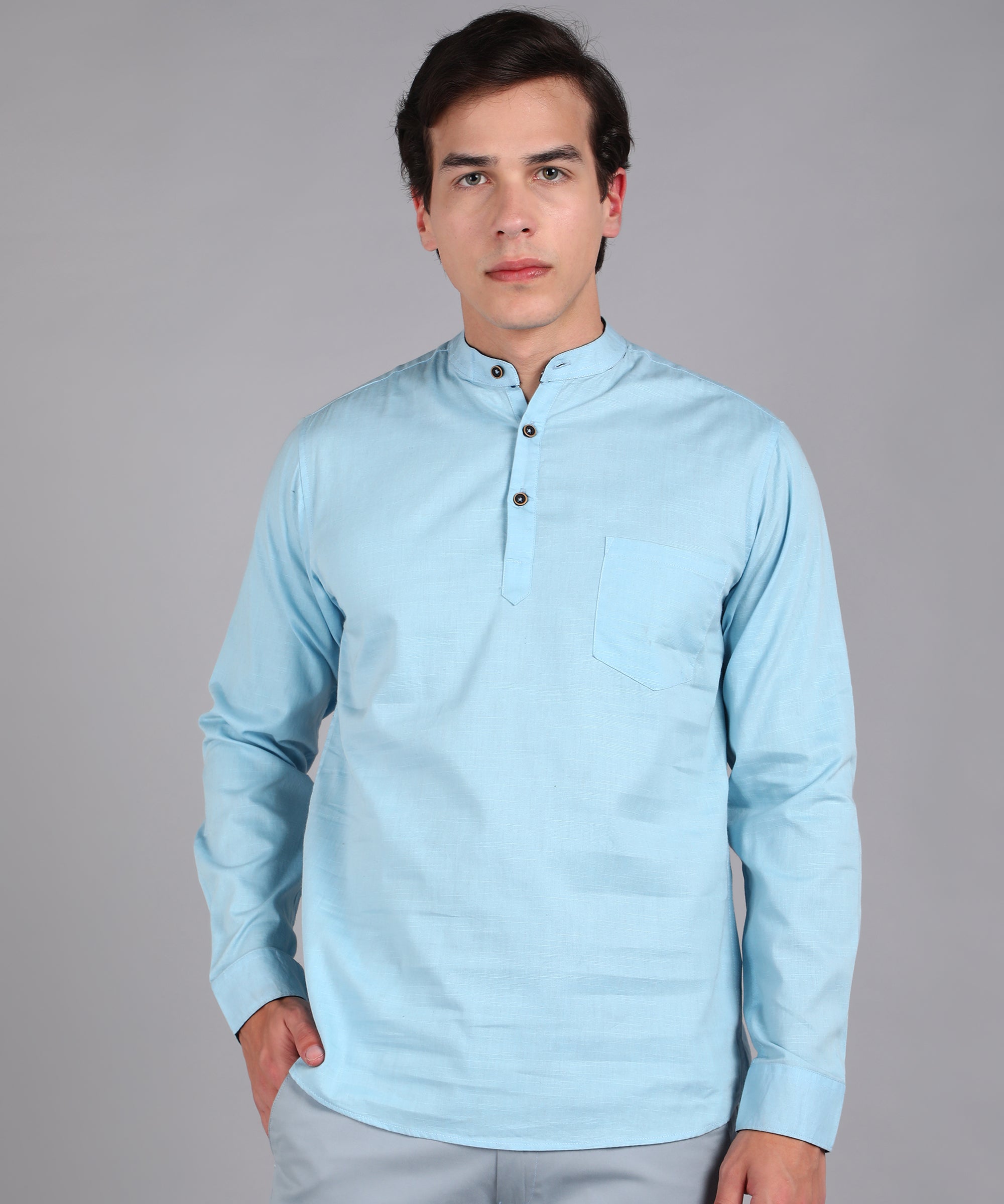 Men's Sky Blue Cotton Full Sleeve Slim Fit Solid Shirt with Mandarin Collar