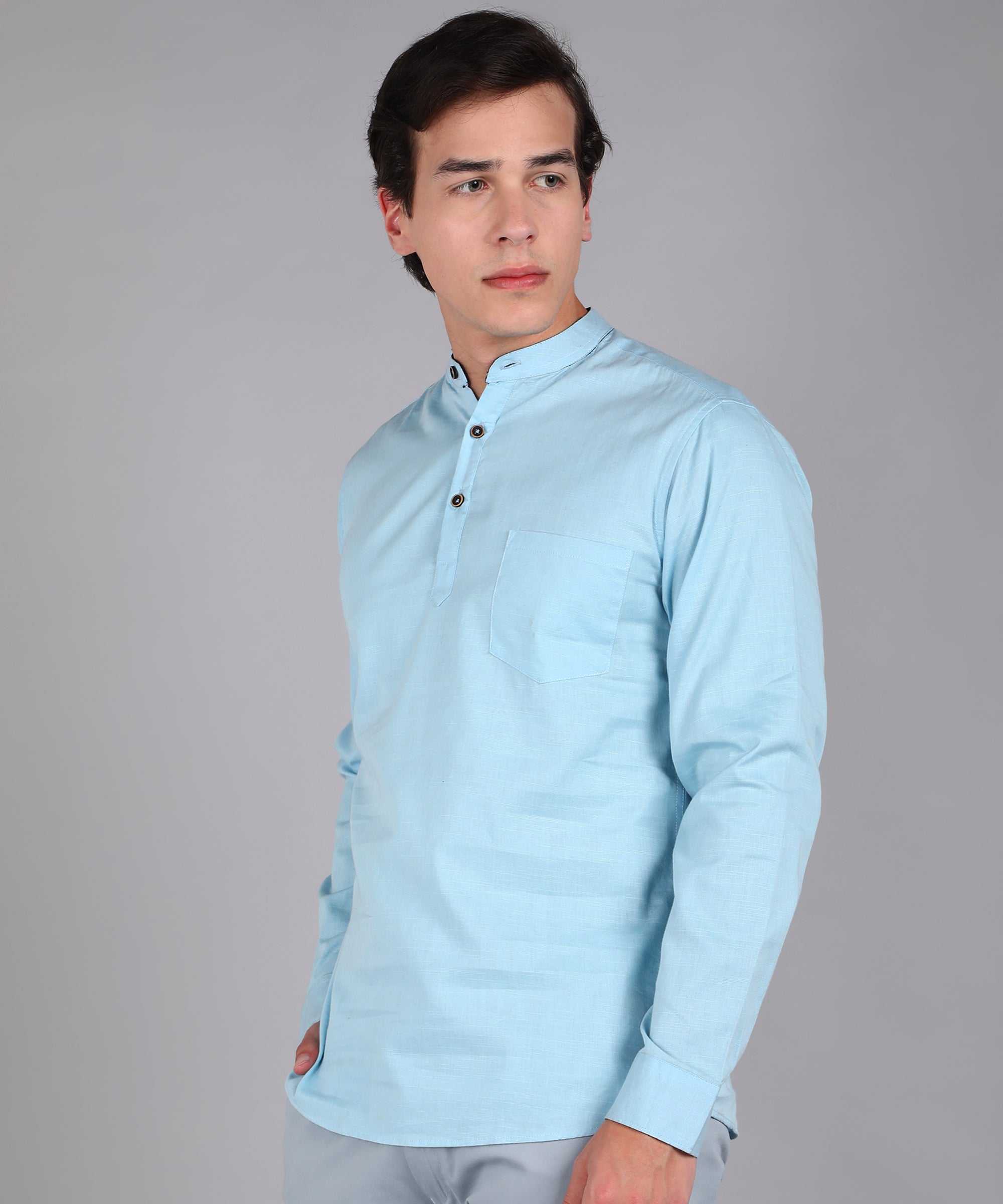 Men's Sky Blue Cotton Full Sleeve Slim Fit Solid Shirt with Mandarin Collar