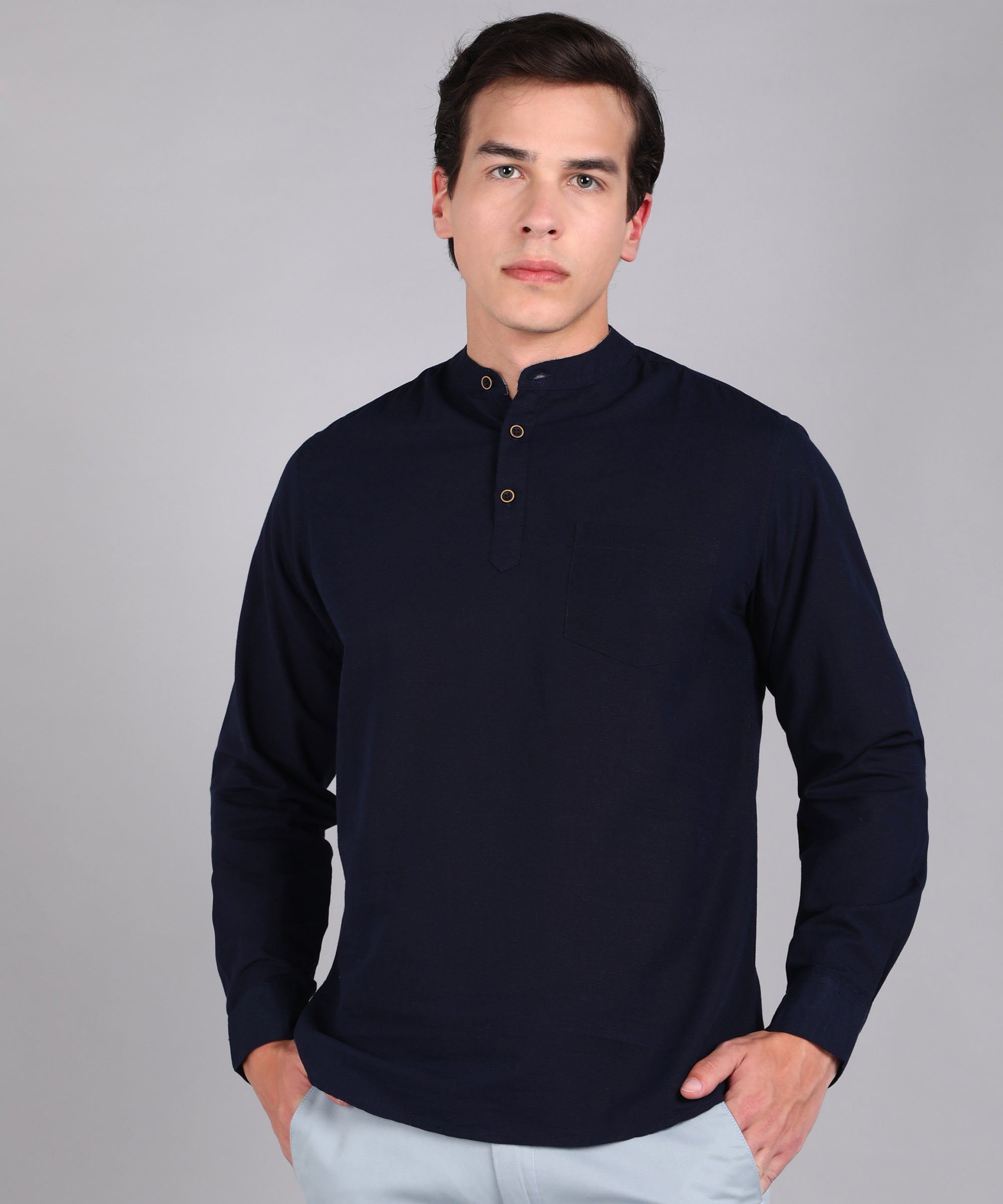 Men's Navy Blue Cotton Full Sleeve Slim Fit Solid Shirt with Mandarin Collar