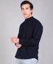 Men's Navy Blue Cotton Full Sleeve Slim Fit Solid Shirt with Mandarin Collar