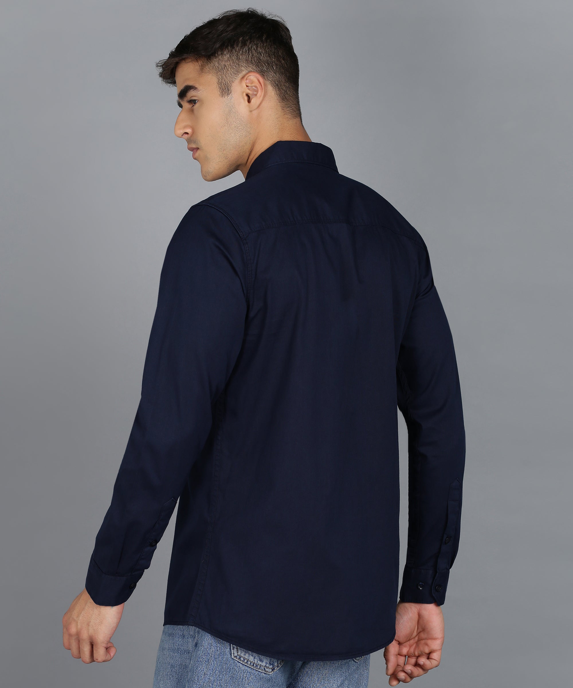 Men's Navy Blue Cotton Full Sleeve Slim Fit Casual Solid Shirt
