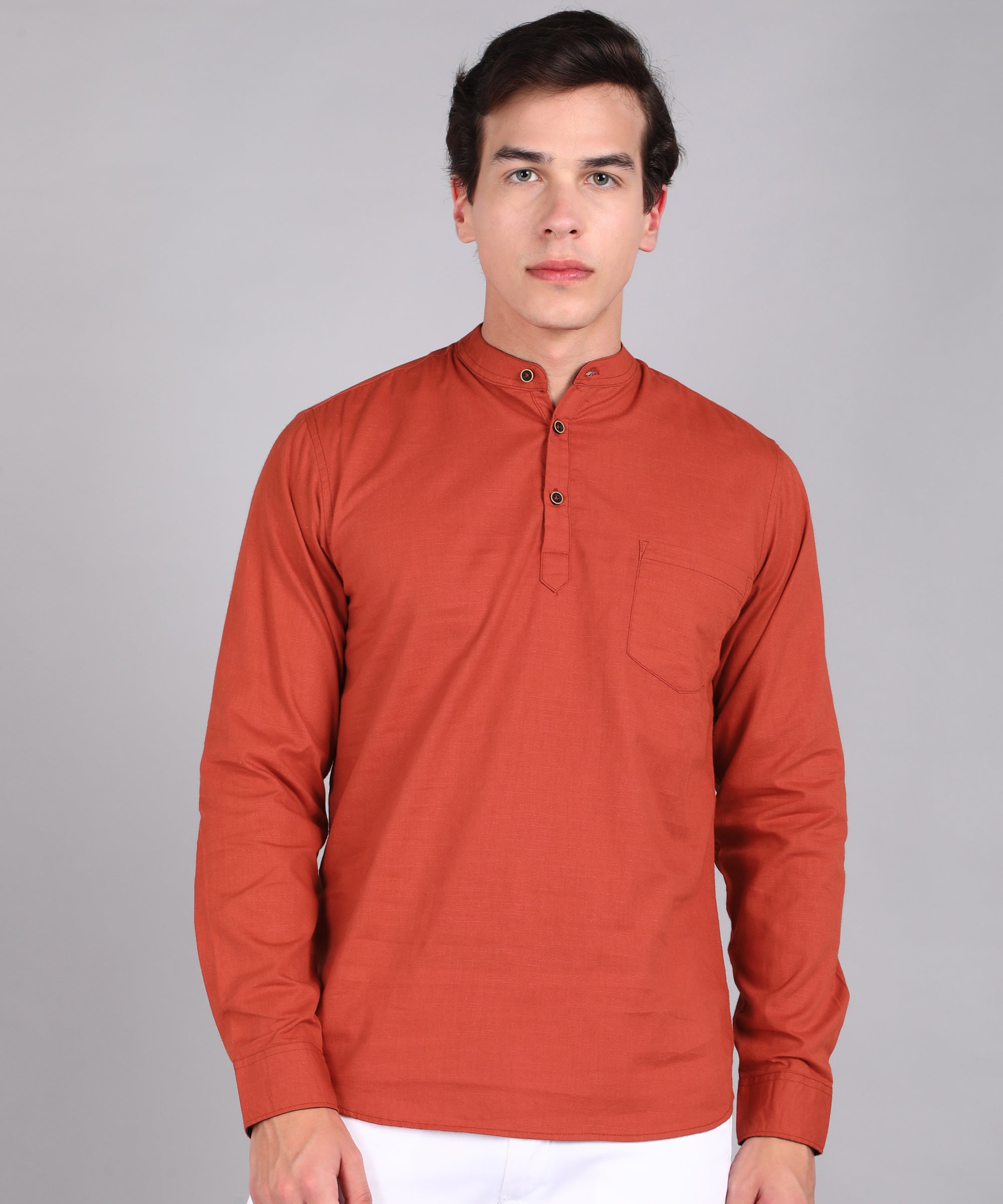 Men's Orange Cotton Full Sleeve Slim Fit Solid Shirt with Mandarin Collar
