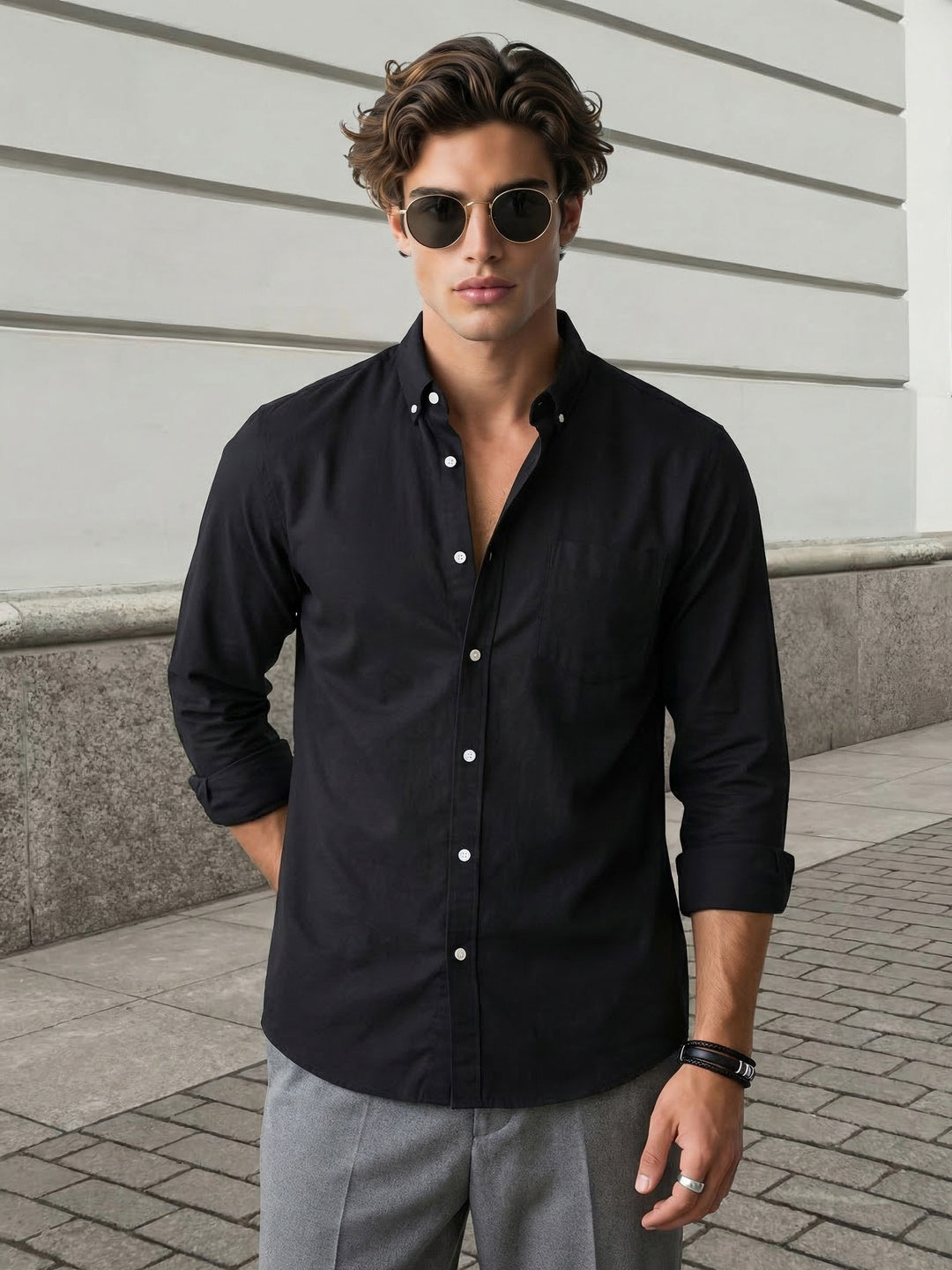 Men's Black Cotton Full Sleeve Regular Fit Solid Oxford Shirt With Button-Down Collar