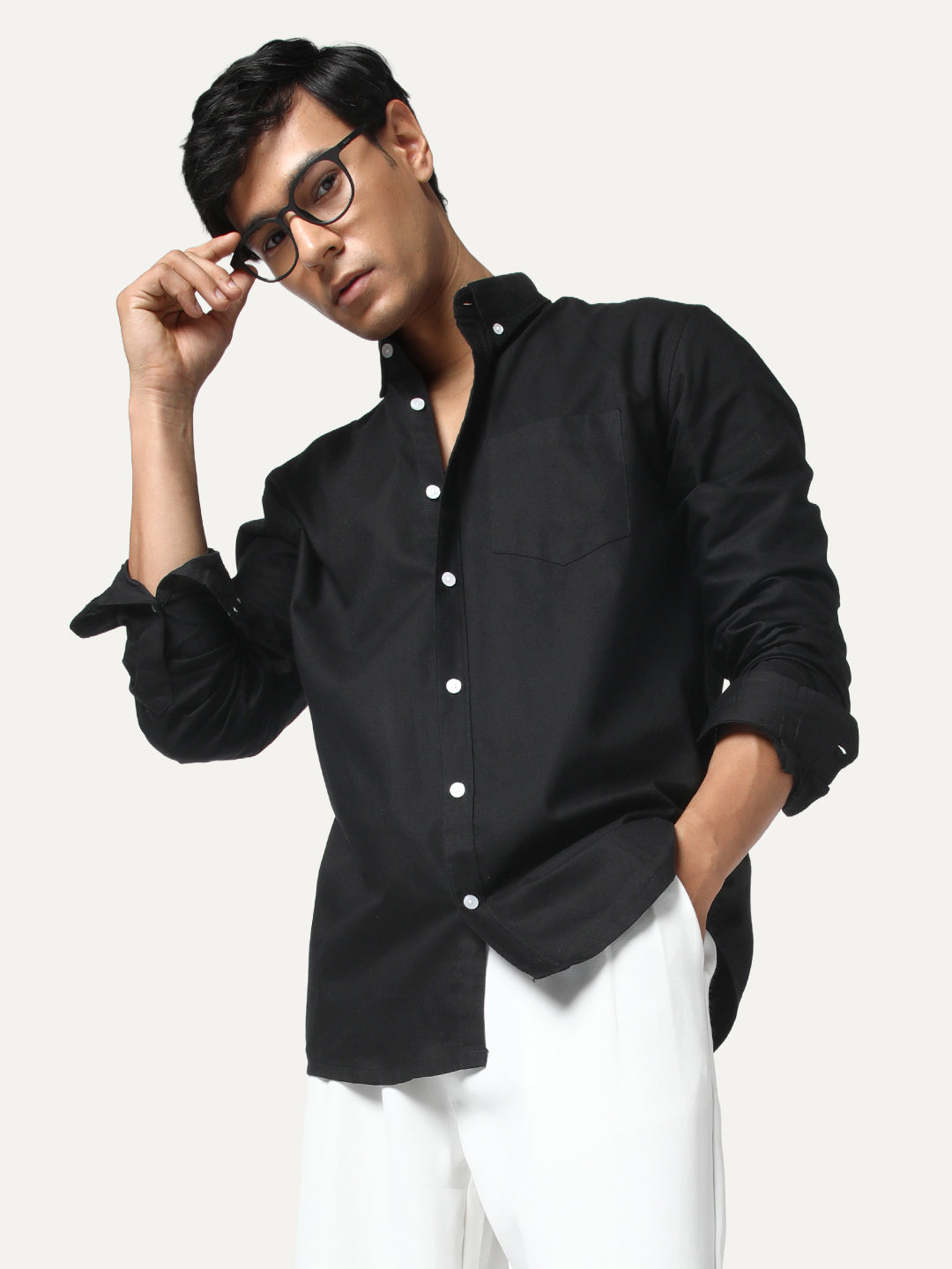 Men's Black Cotton Full Sleeve Regular Fit Solid Oxford Shirt With Button-Down Collar