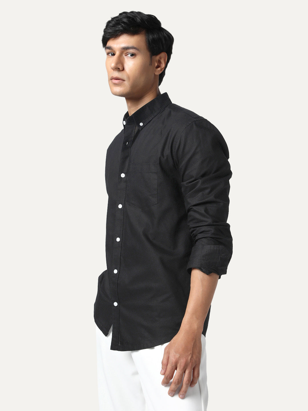 Men's Black Cotton Full Sleeve Regular Fit Solid Oxford Shirt With Button-Down Collar