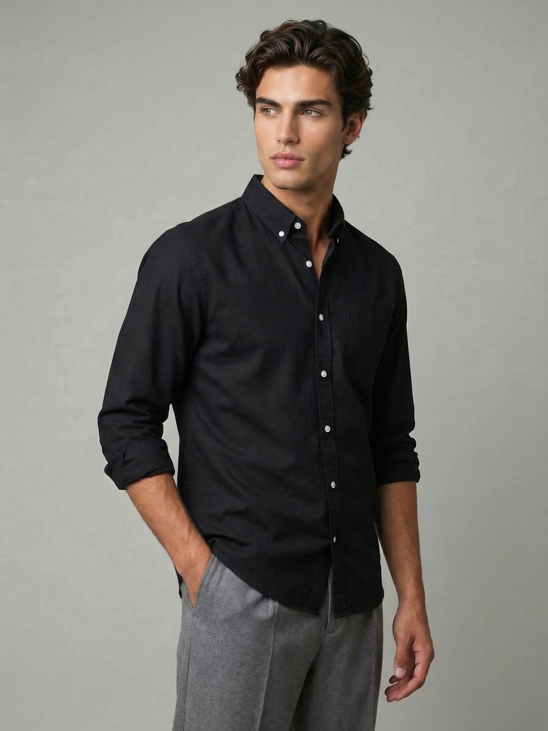 Men's Black Cotton Full Sleeve Regular Fit Solid Oxford Shirt With Button-Down Collar