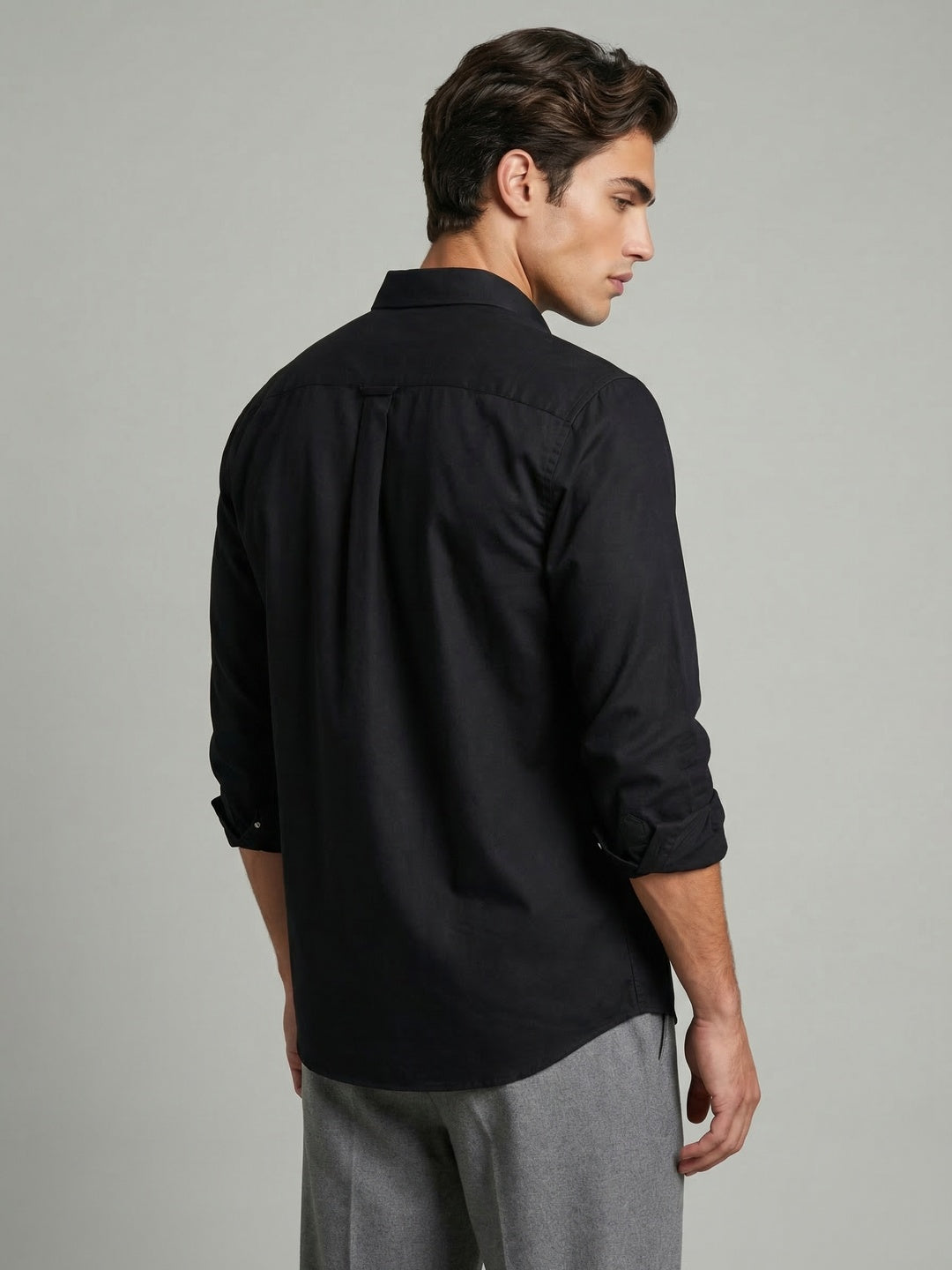 Men's Black Cotton Full Sleeve Regular Fit Solid Oxford Shirt With Button-Down Collar