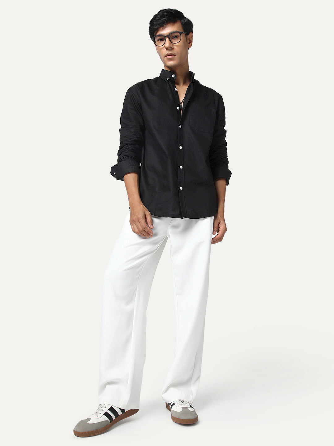 Men's Black Cotton Full Sleeve Regular Fit Solid Oxford Shirt With Button-Down Collar