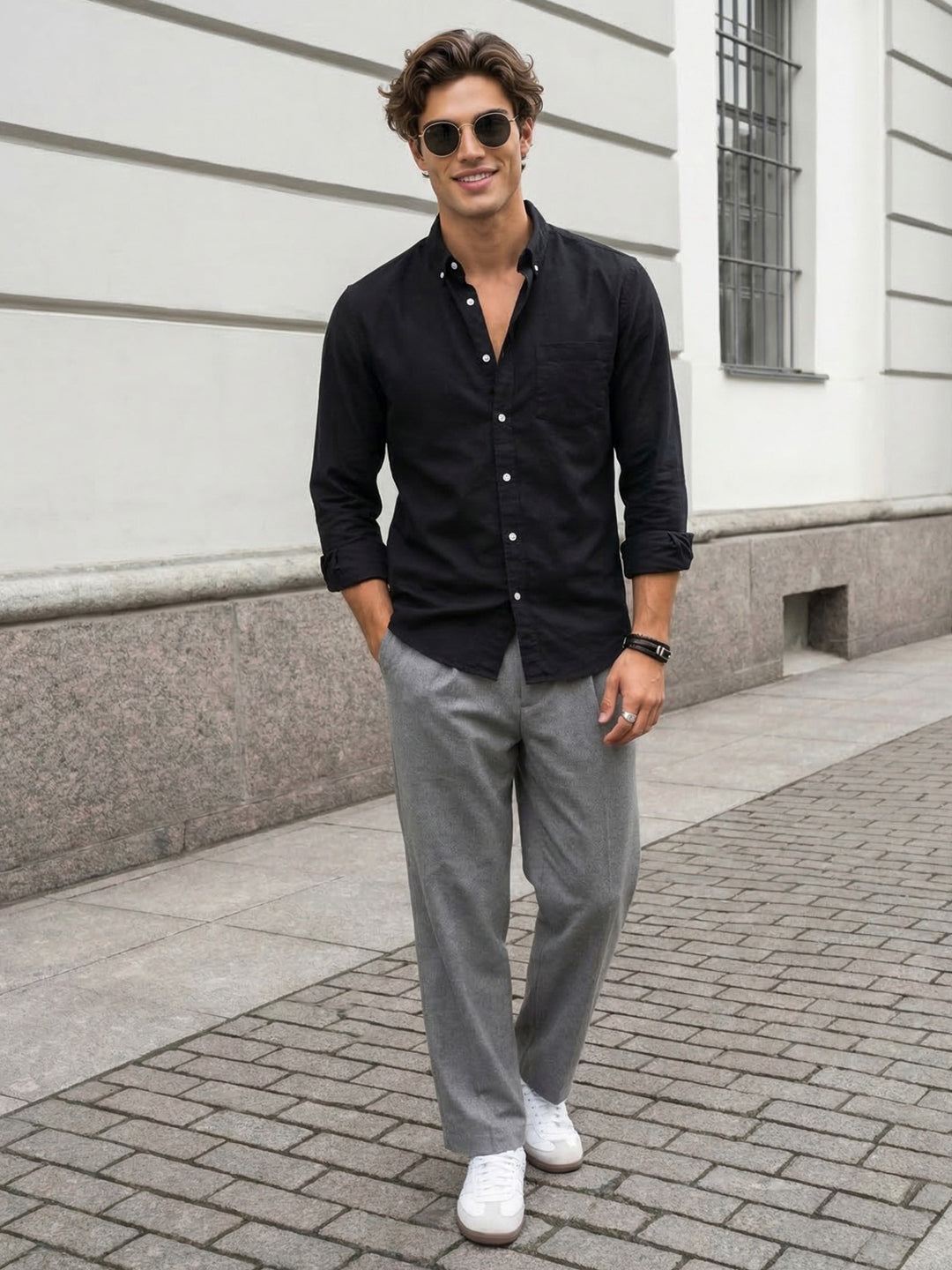 Men's Black Cotton Full Sleeve Regular Fit Solid Oxford Shirt With Button-Down Collar