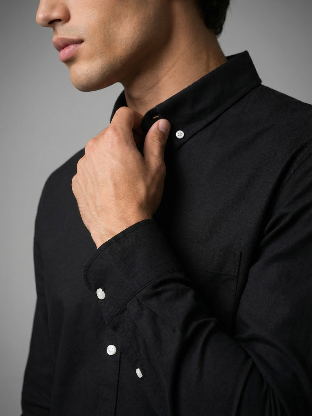 Men's Black Cotton Full Sleeve Regular Fit Solid Oxford Shirt With Button-Down Collar