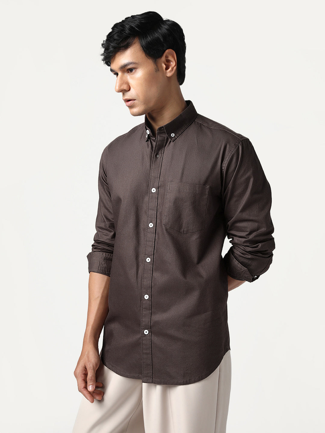 Men's Brown Cotton Full Sleeve Regular Fit Solid Oxford Shirt With Button-Down Collar