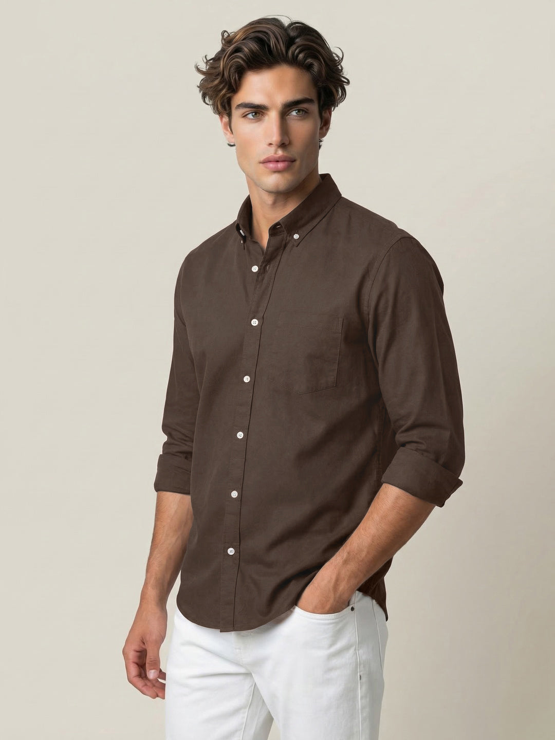 Men's Brown Cotton Full Sleeve Regular Fit Solid Oxford Shirt With Button-Down Collar