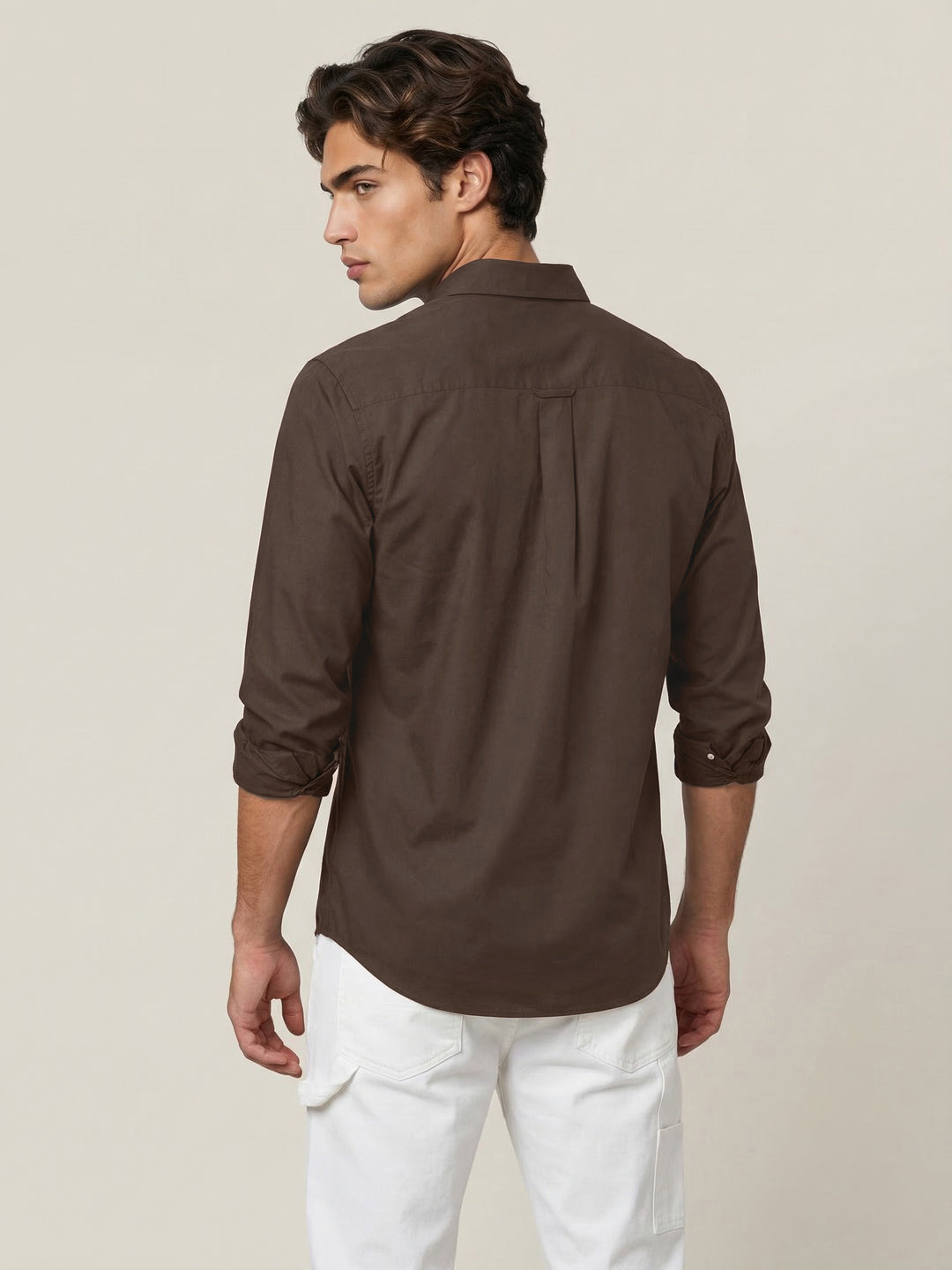 Men's Brown Cotton Full Sleeve Regular Fit Solid Oxford Shirt With Button-Down Collar