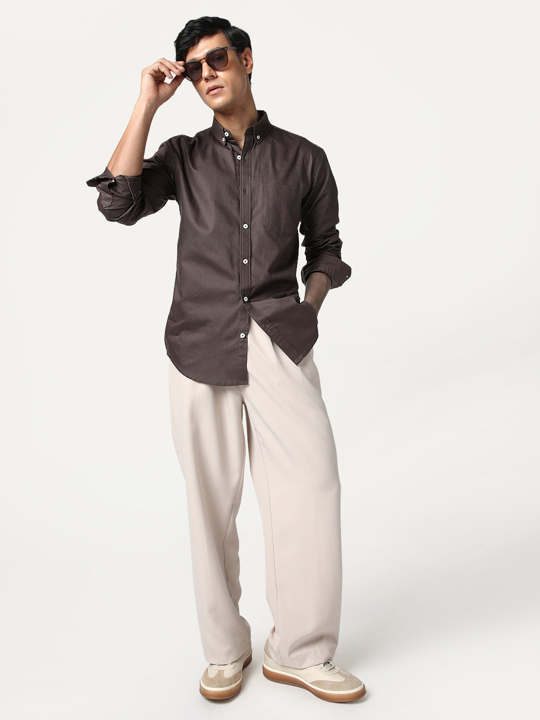 Men's Brown Cotton Full Sleeve Regular Fit Solid Oxford Shirt With Button-Down Collar