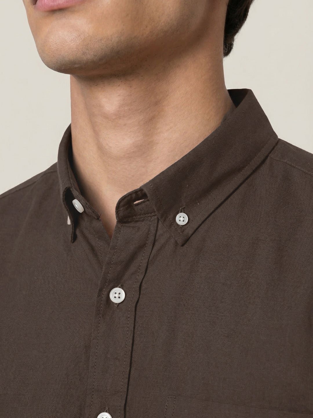 Men's Brown Cotton Full Sleeve Regular Fit Solid Oxford Shirt With Button-Down Collar