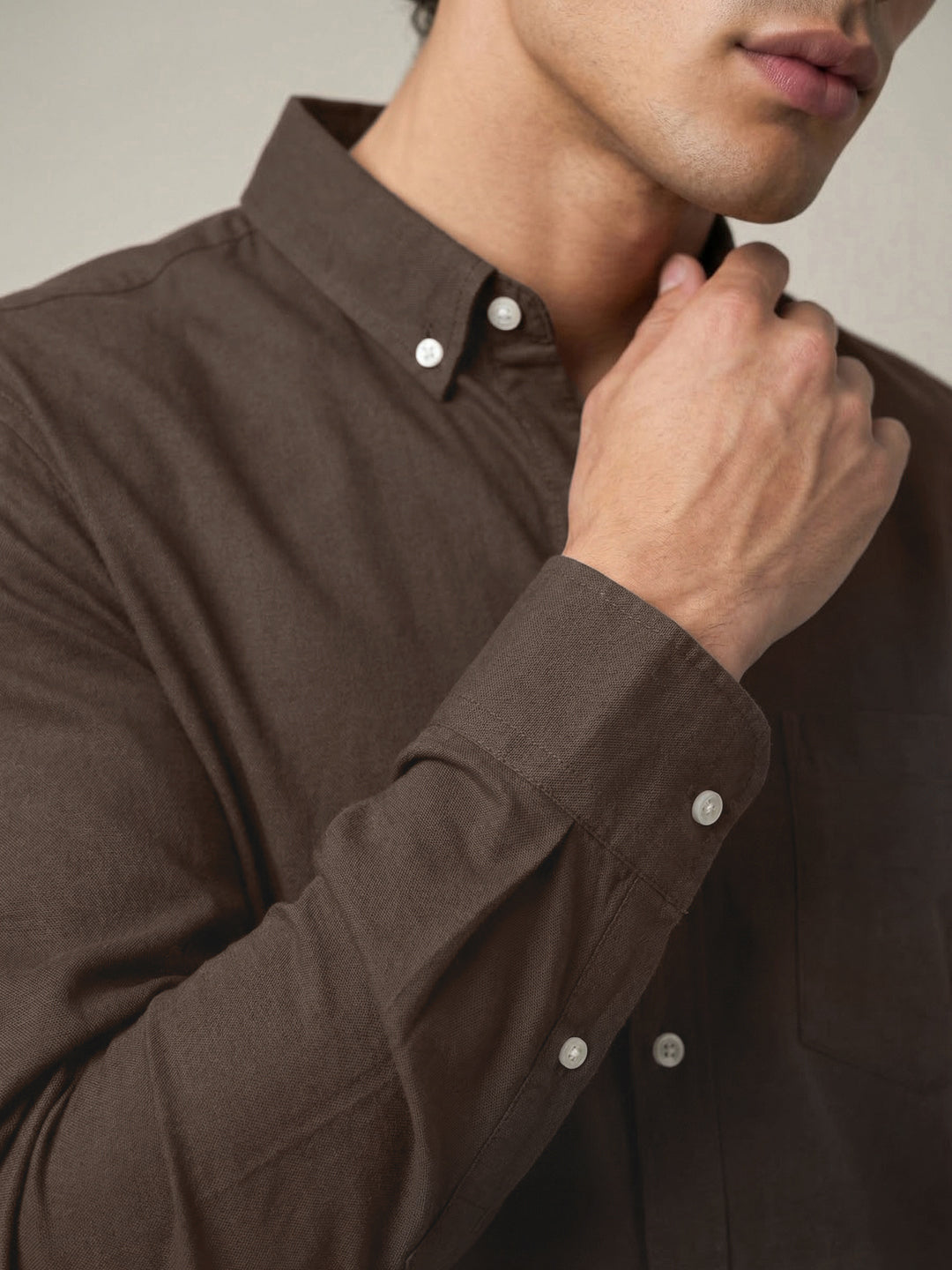 Men's Brown Cotton Full Sleeve Regular Fit Solid Oxford Shirt With Button-Down Collar