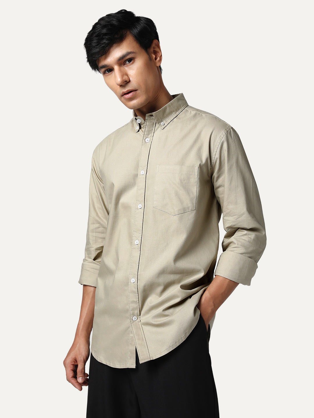 Men's Khaki Cotton Full Sleeve Regular Fit Solid Oxford Shirt With Button-Down Collar